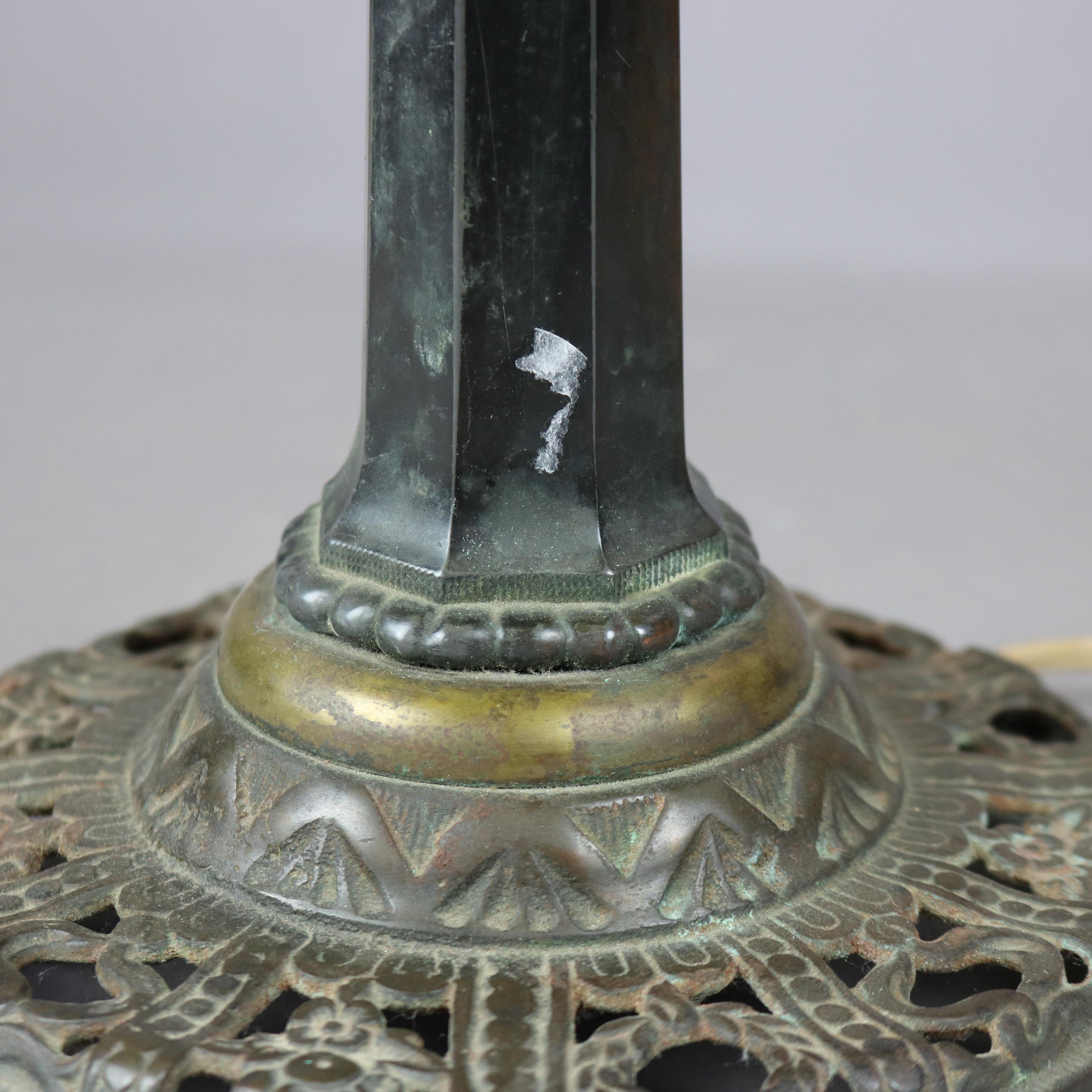 Antique Arts & Crafts Signed Bradley & Hubbard Green Slag Glass Table Lamp c1920 1
