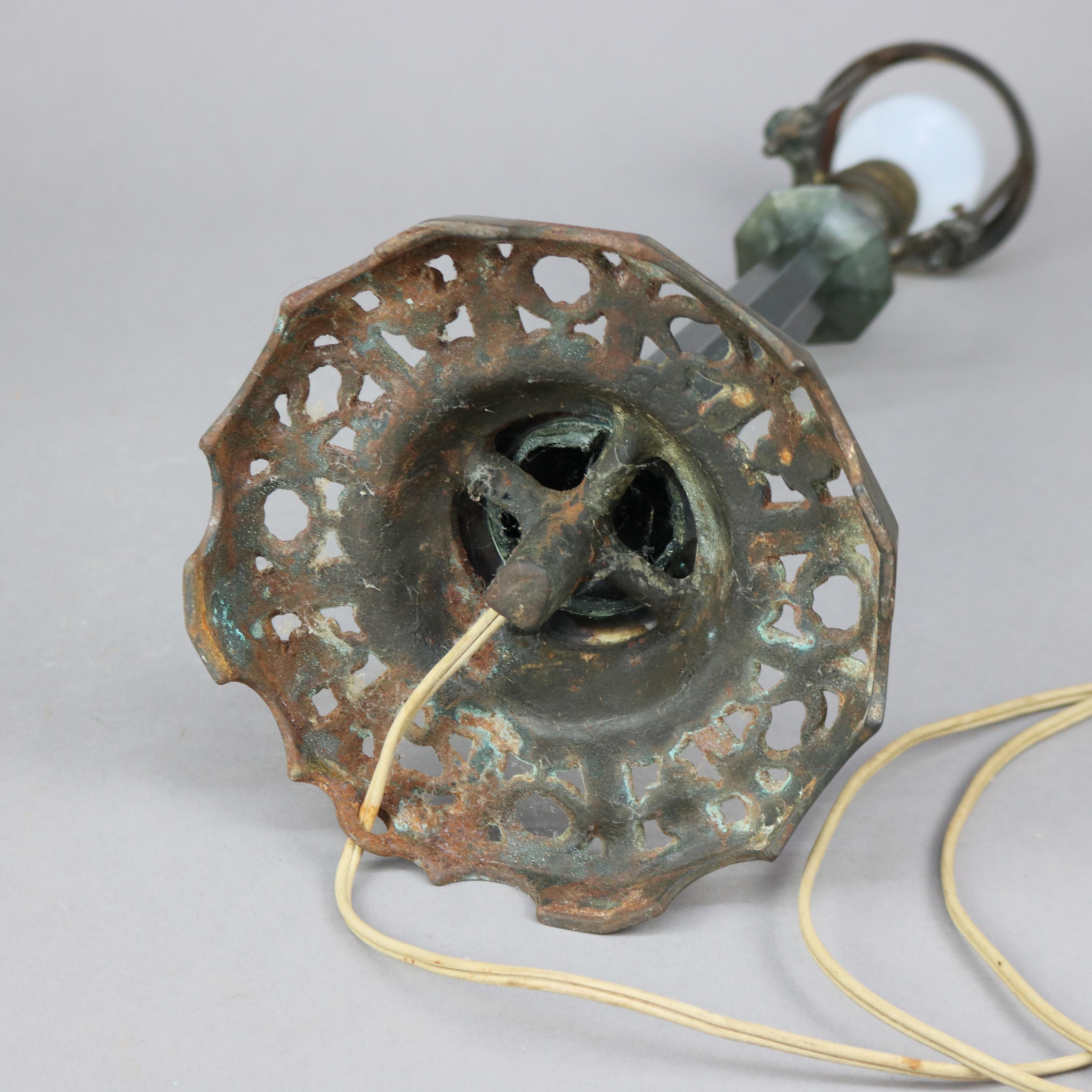 Antique Arts & Crafts Signed Bradley & Hubbard Green Slag Glass Table Lamp c1920 3