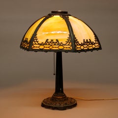 Antique Arts & Crafts Signed Bradley & Hubbard Green Slag Glass Table Lamp c1920