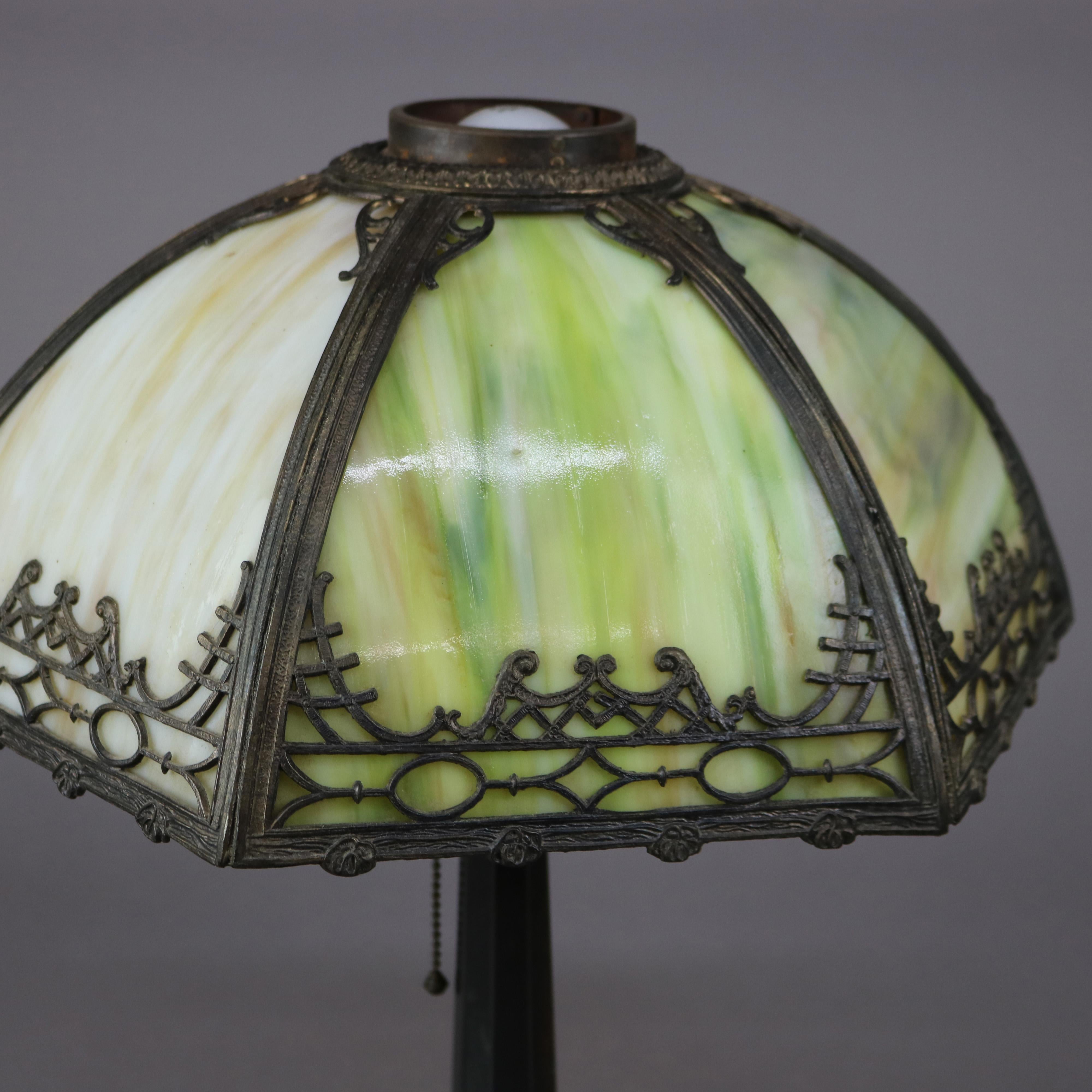 Arts and Crafts Antique Arts & Crafts Signed Bradley & Hubbard Green Slag Glass Table Lamp c1920