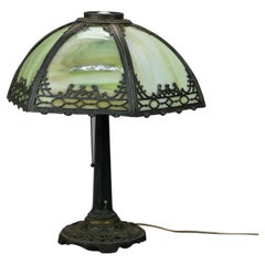 Antique Arts & Crafts Signed Bradley & Hubbard Green Slag Glass Table Lamp c1920