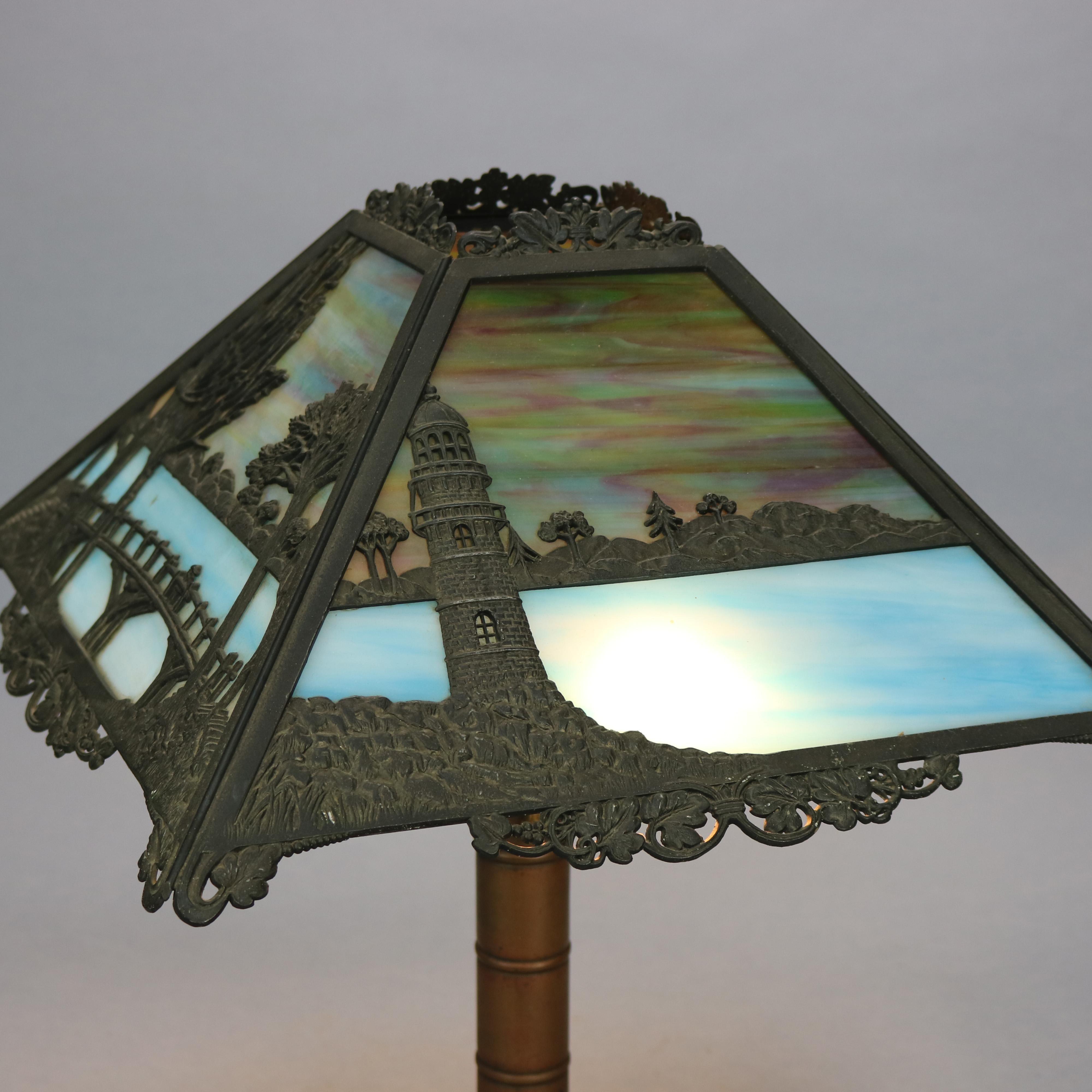 Arts and Crafts Antique Arts & Crafts Signed Bradley & Hubbard Slag Glass Table Lamp, Circa 1920