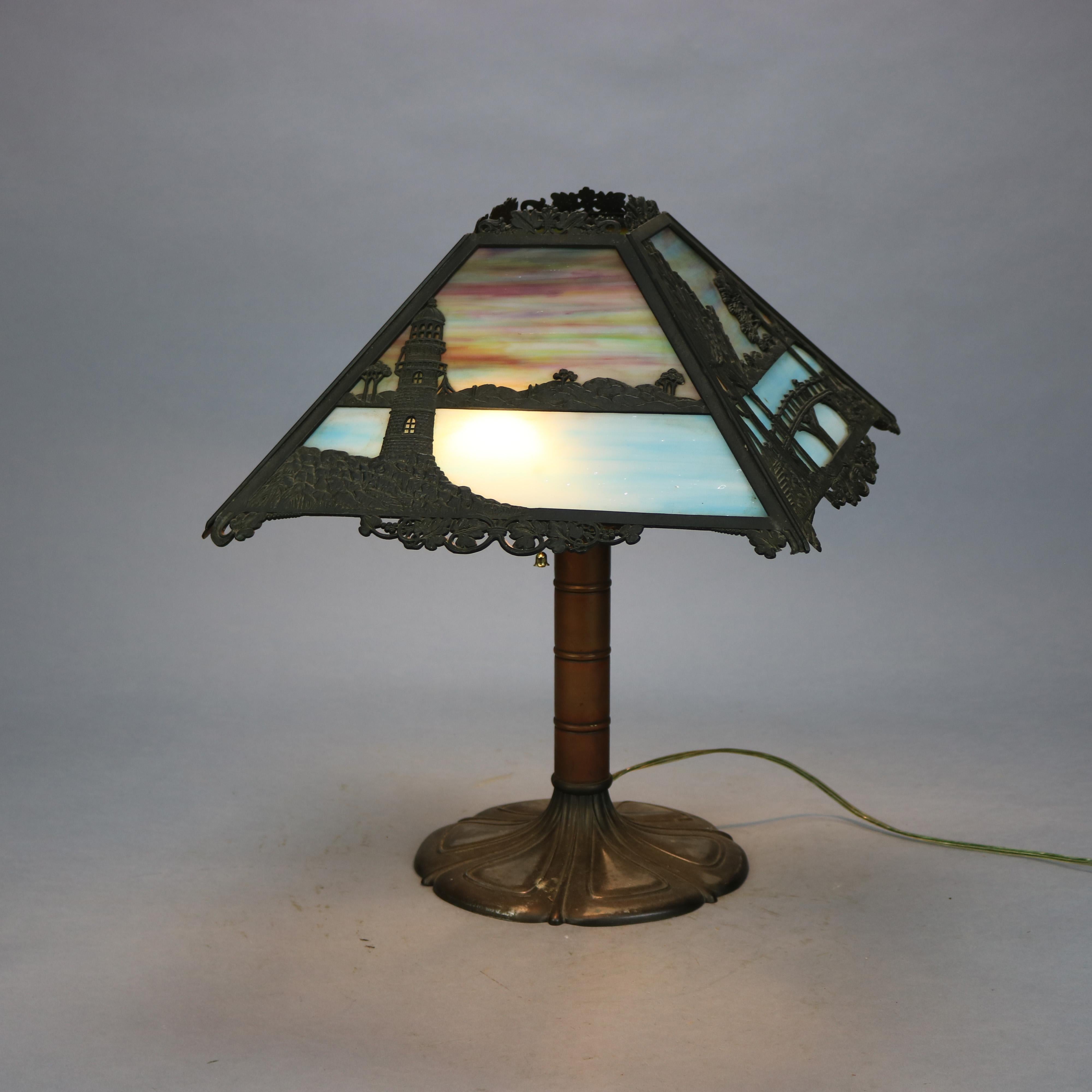 Metal Antique Arts & Crafts Signed Bradley & Hubbard Slag Glass Table Lamp, Circa 1920