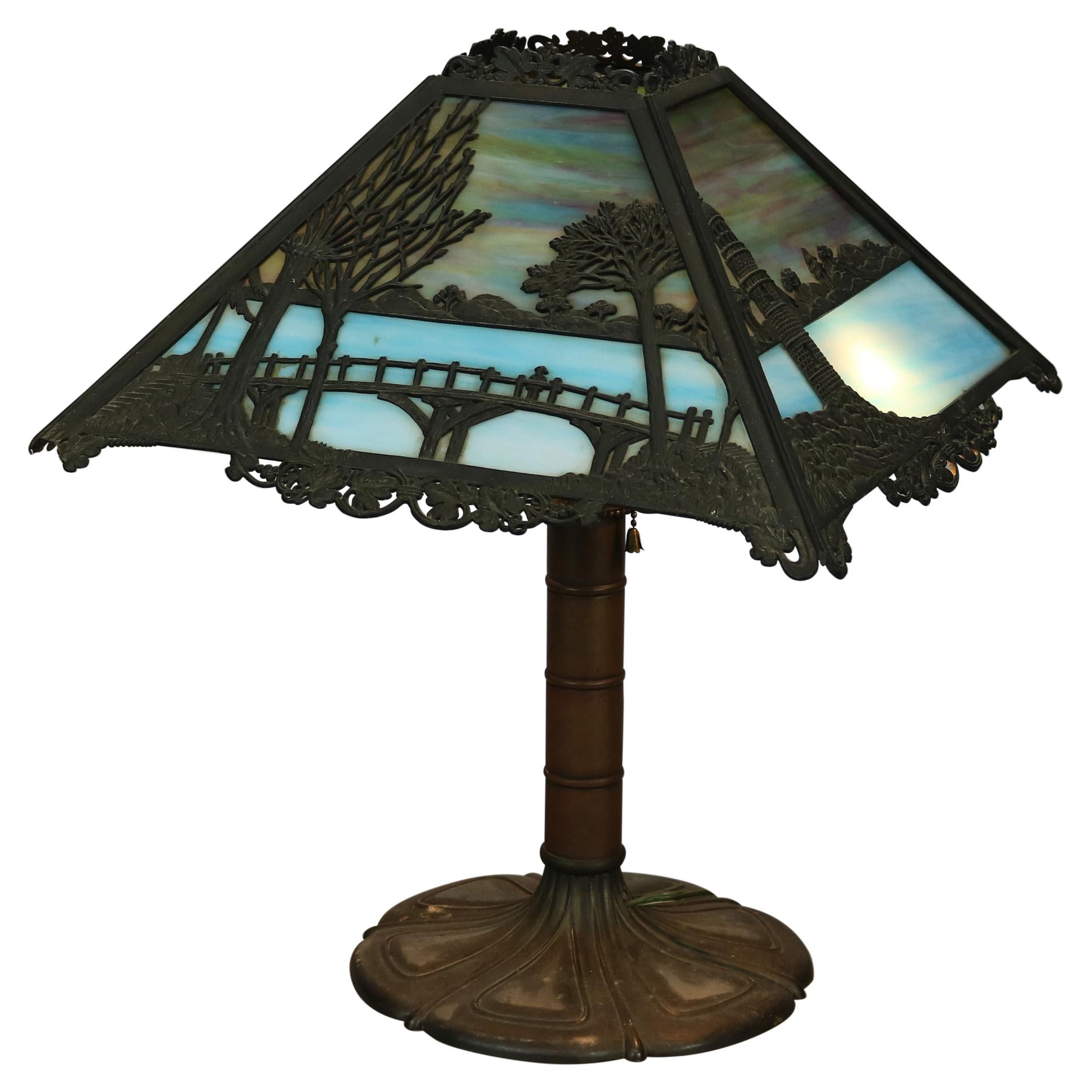 Antique Arts & Crafts Signed Bradley & Hubbard Slag Glass Table Lamp, Circa 1920