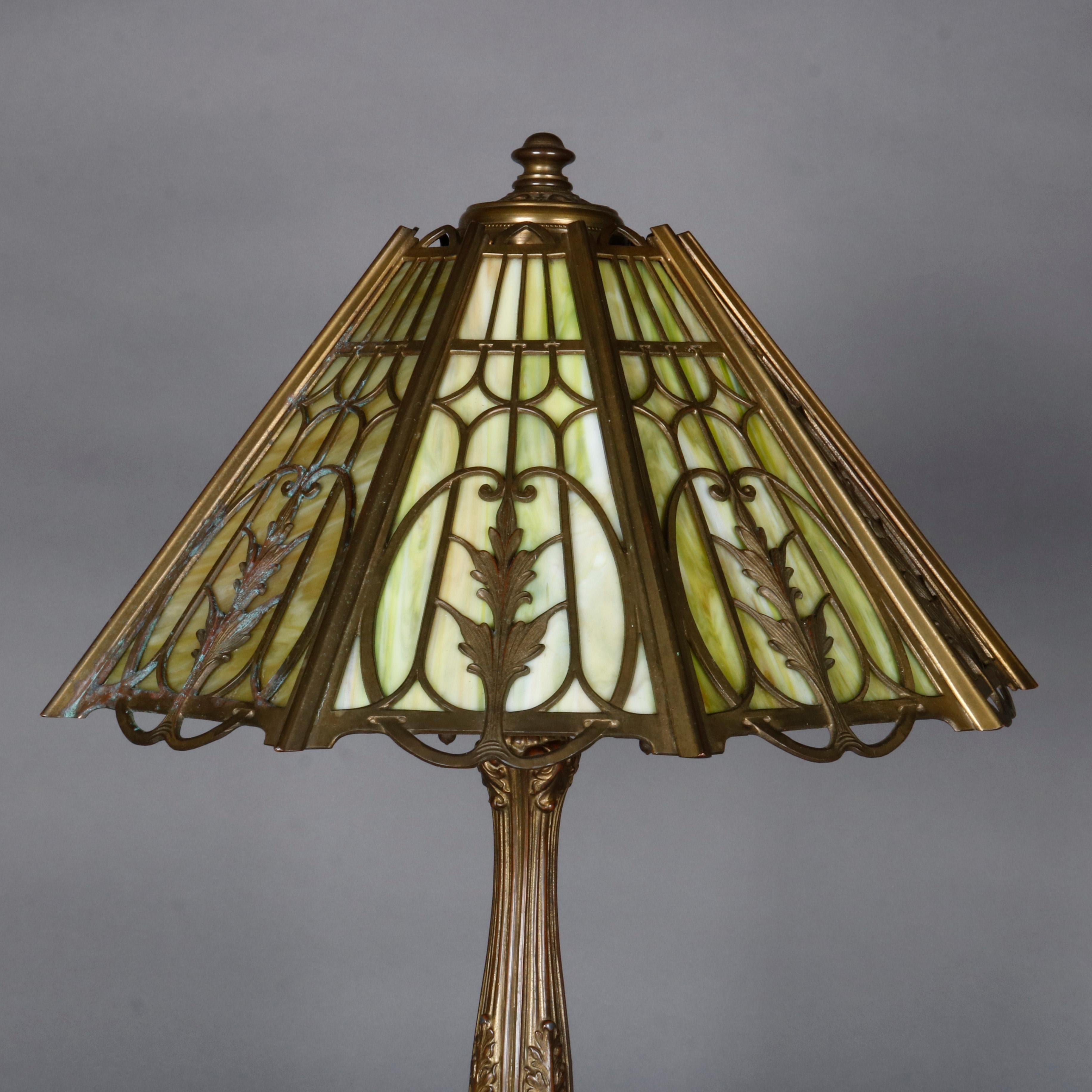 Arts and Crafts Antique Arts & Crafts Signed Wilkinson Bronze Overlay Slag Glass Table Lamp 1910