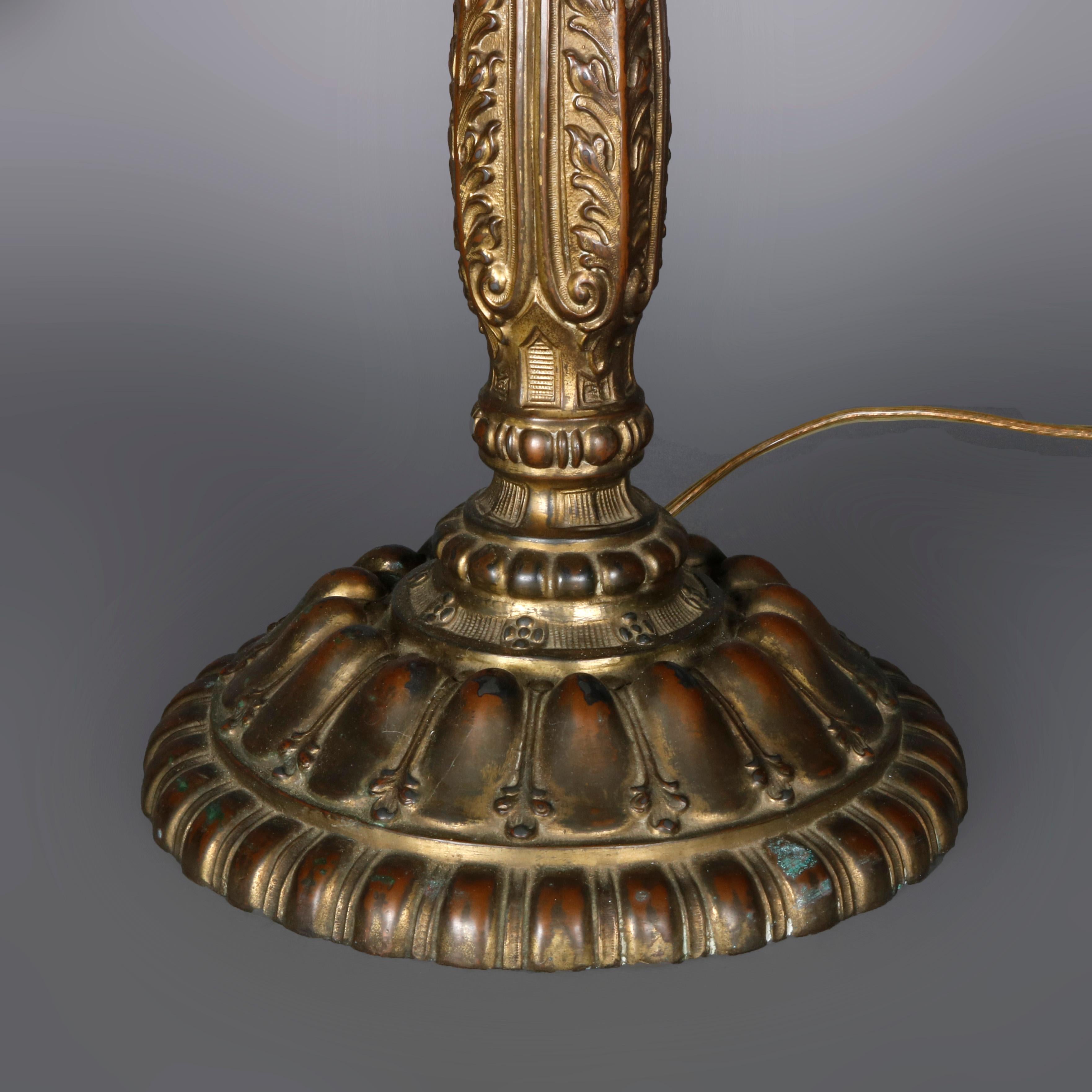 Cast Antique Arts & Crafts Signed Wilkinson Bronze Overlay Slag Glass Table Lamp 1910