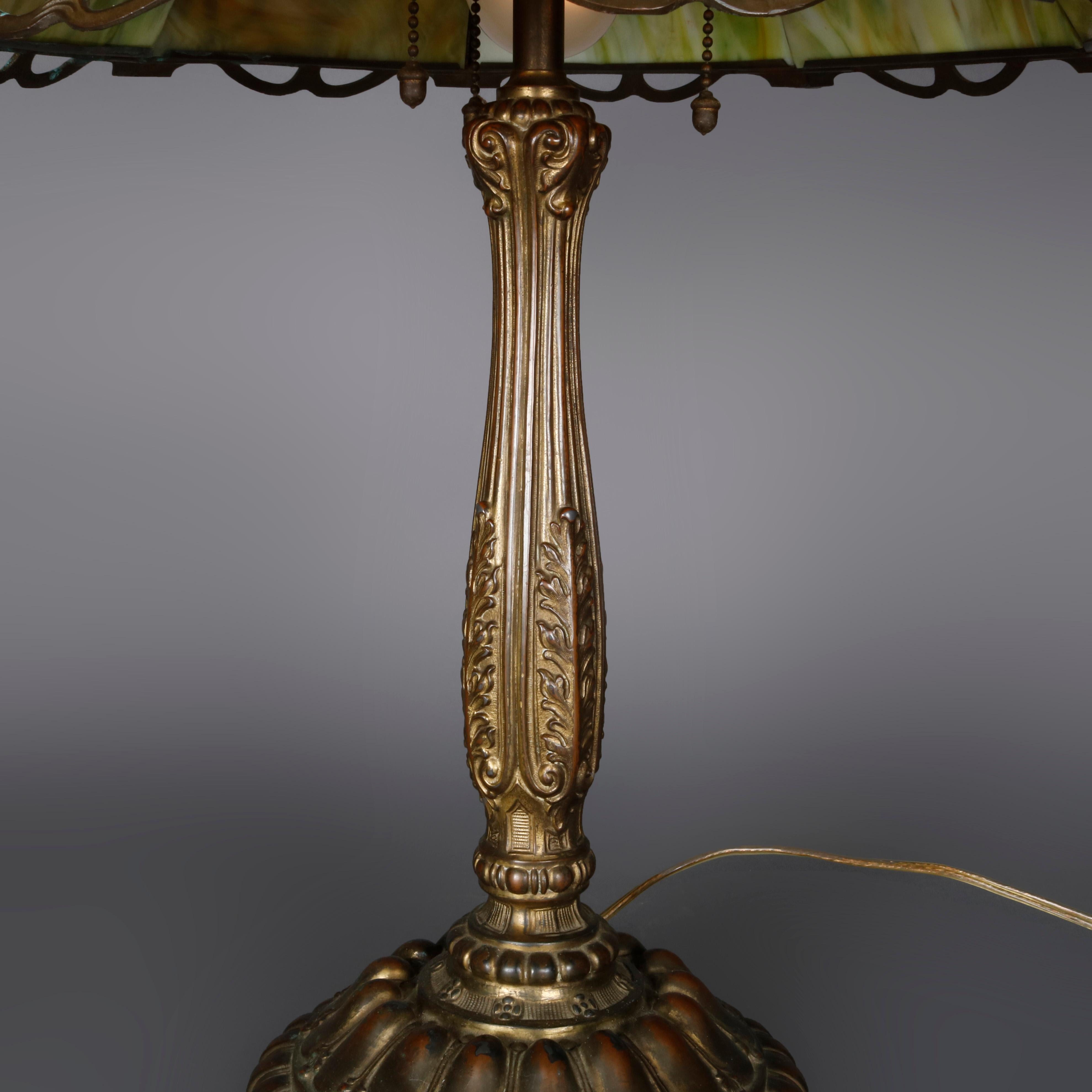 20th Century Antique Arts & Crafts Signed Wilkinson Bronze Overlay Slag Glass Table Lamp 1910