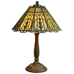 Vintage Arts & Crafts Signed Wilkinson Bronze Overlay Slag Glass Table Lamp 1910