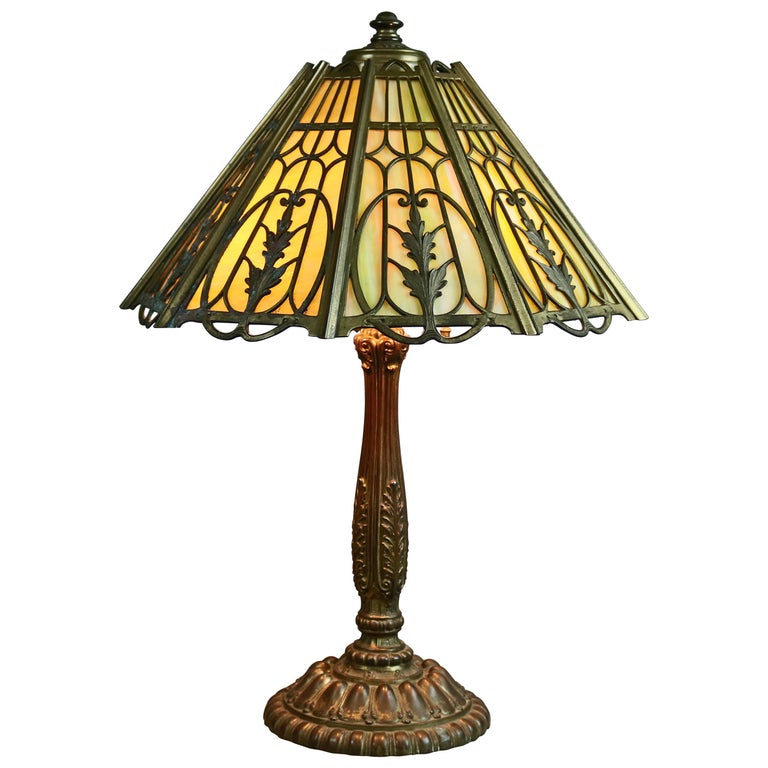 Antique Arts and Crafts Signed Wilkinson Bronze Overlay Slag Glass