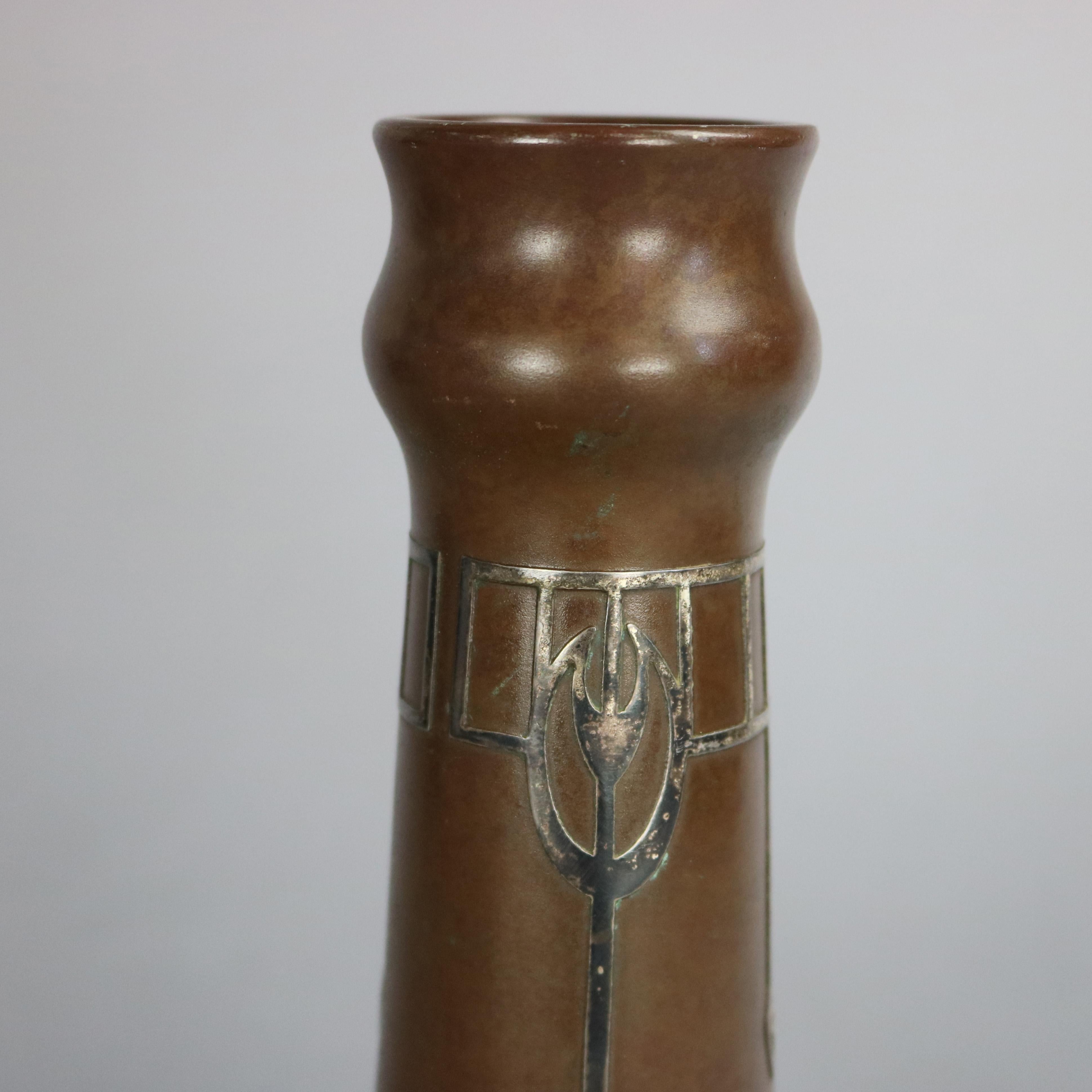 Arts and Crafts Antique Arts & Crafts Silver Crest Sterling Decorated Bronze Vase, circa 1920