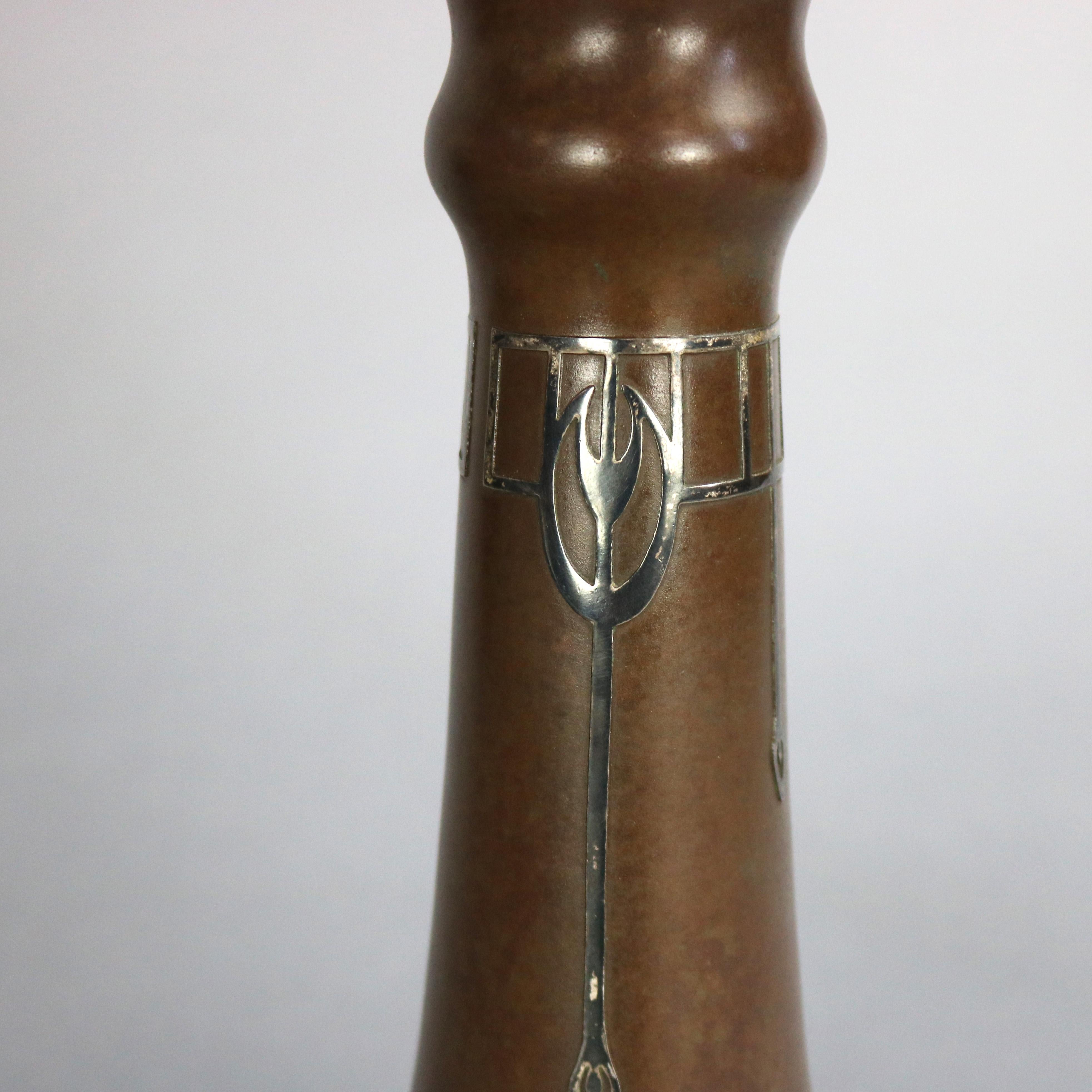 20th Century Antique Arts & Crafts Silver Crest Sterling Decorated Bronze Vase, circa 1920