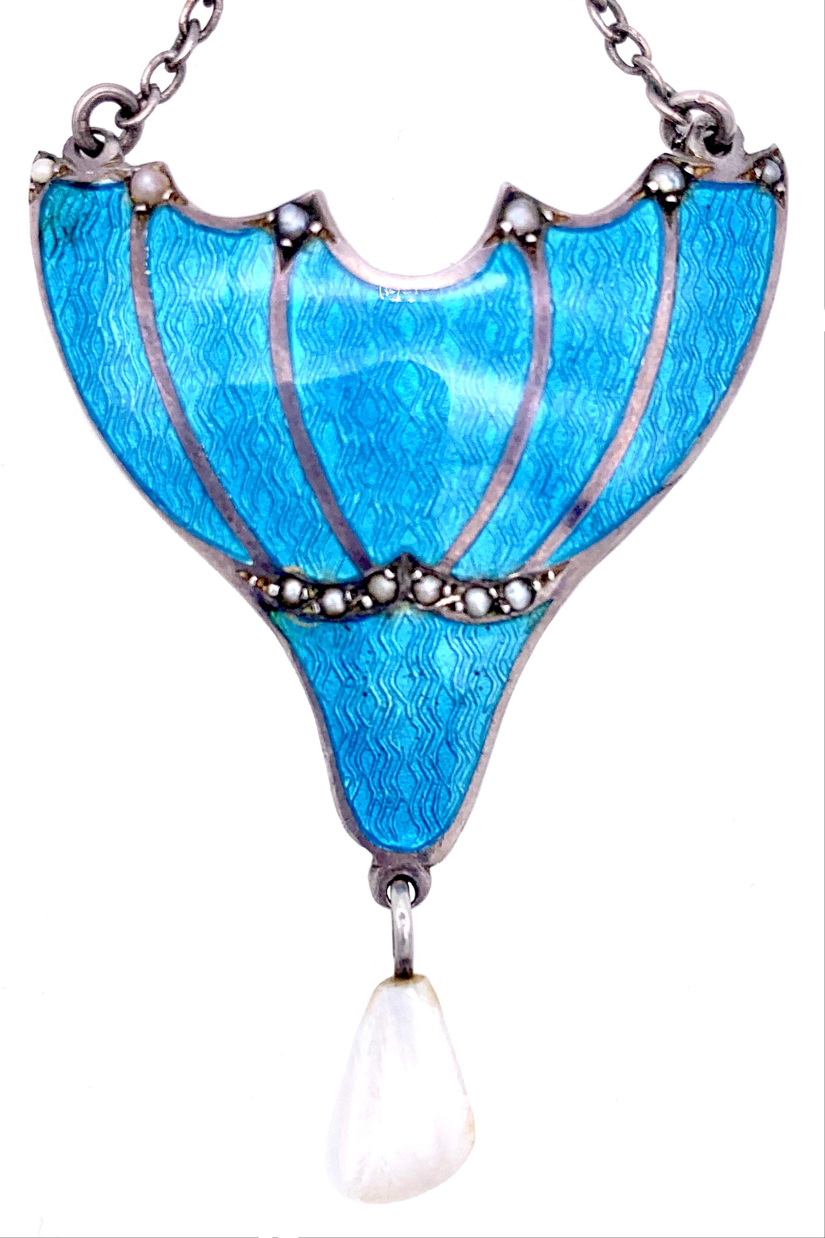 Perle Antique Arts & Crafts Argent Guilloché Enamel Pearl Sterling Silver Pendant en vente