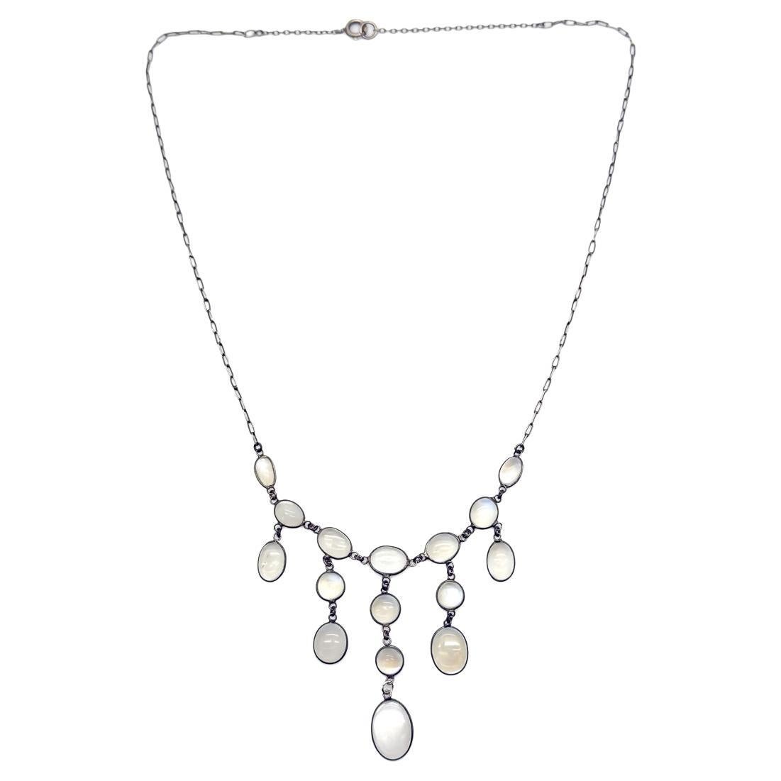 Antique Arts & Crafts Silver Moonstone Droplet Necklace 1900s