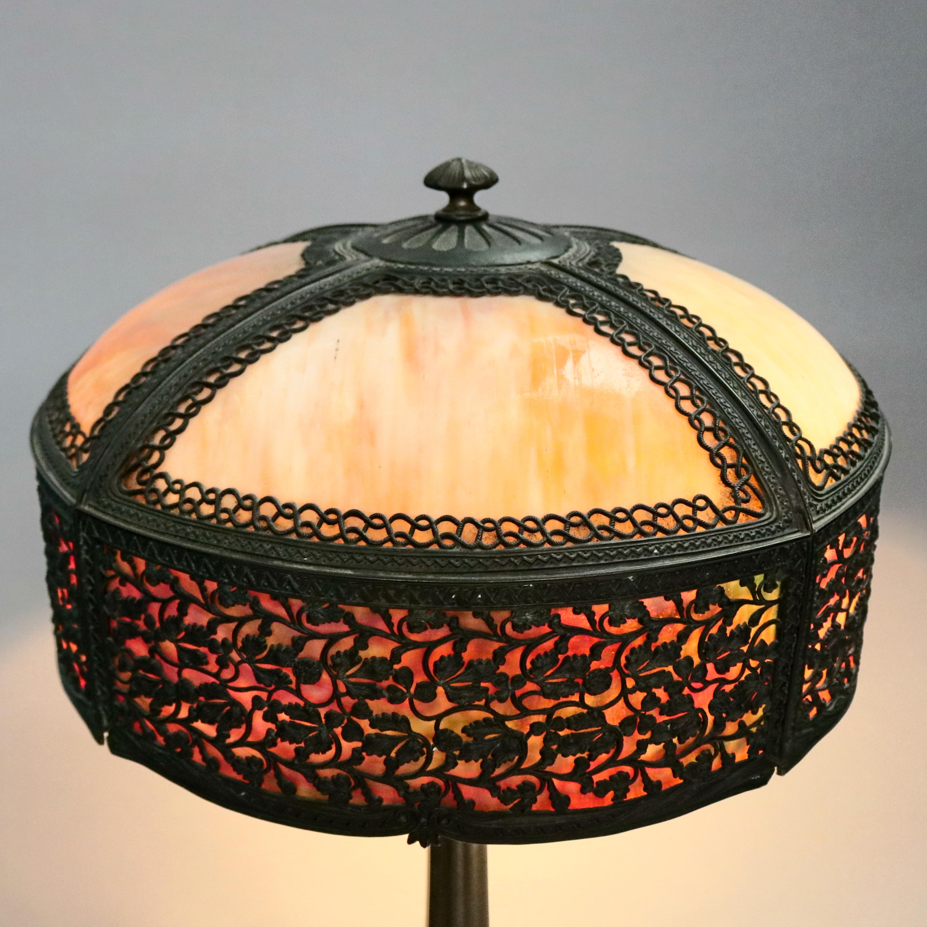 American Antique Arts & Crafts Slag Glass Bradley & Hubbard School Table Lamp