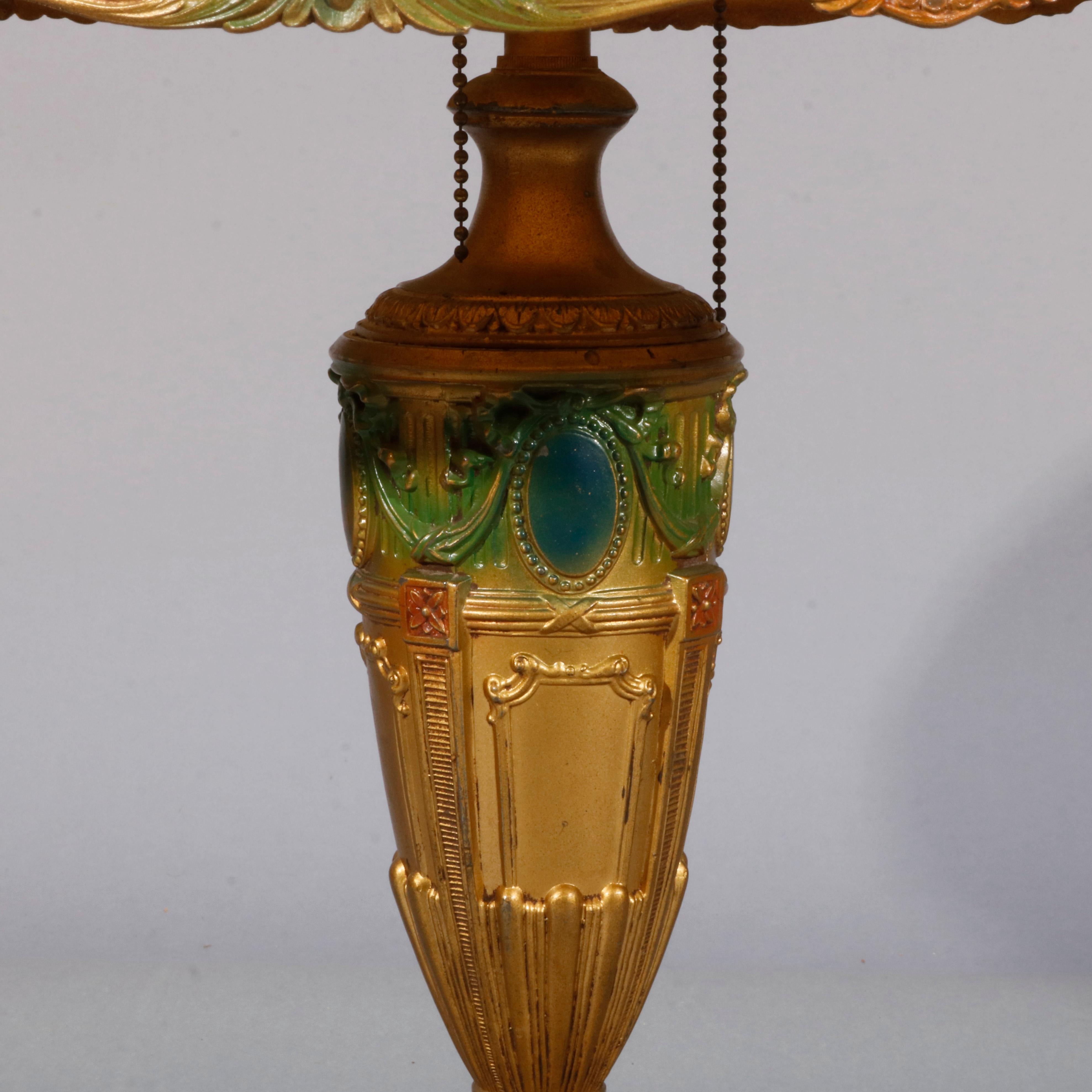 Antique Arts & Crafts Slag Glass Curved Panel & Polychromed Table Lamp 2