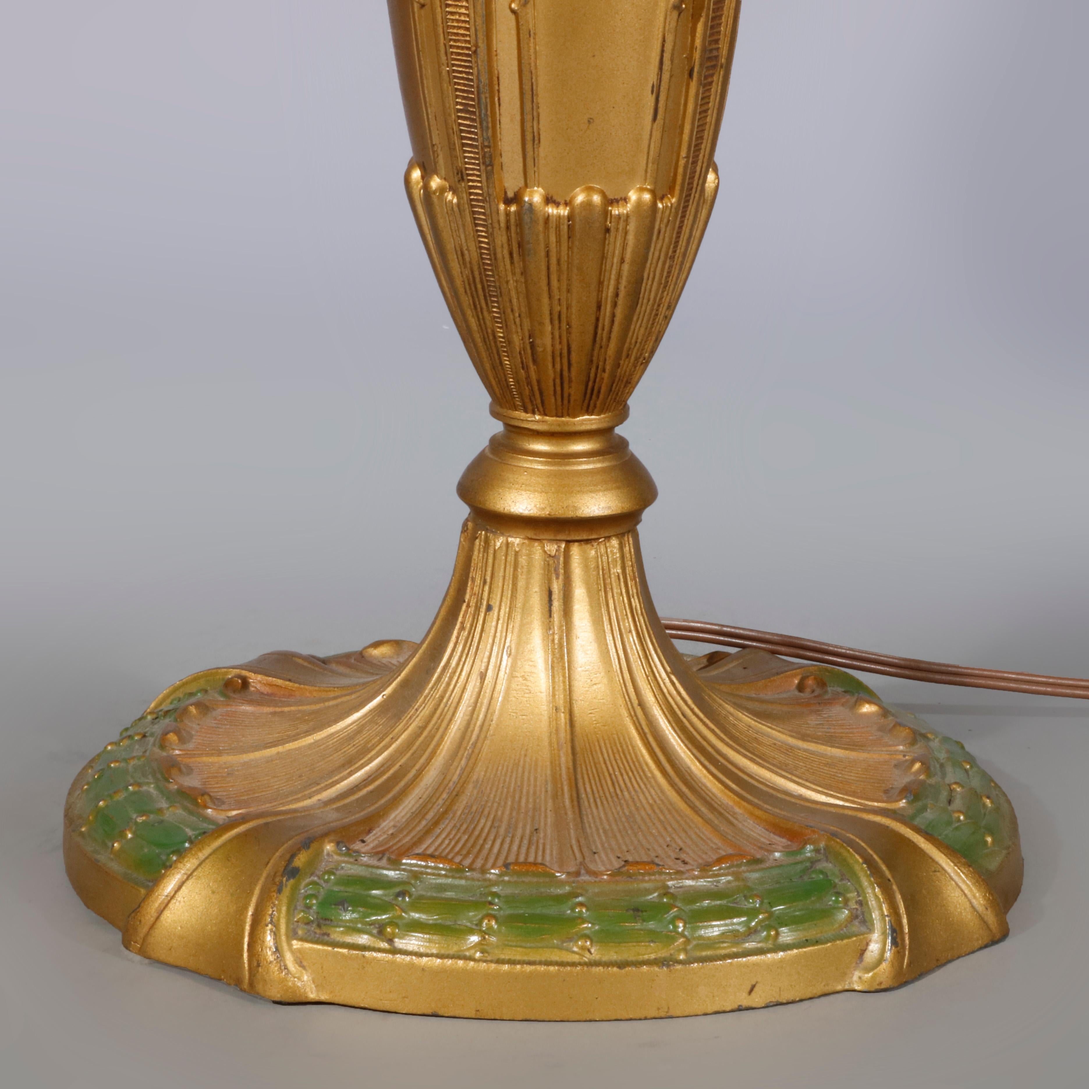 Antique Arts & Crafts Slag Glass Curved Panel & Polychromed Table Lamp 3