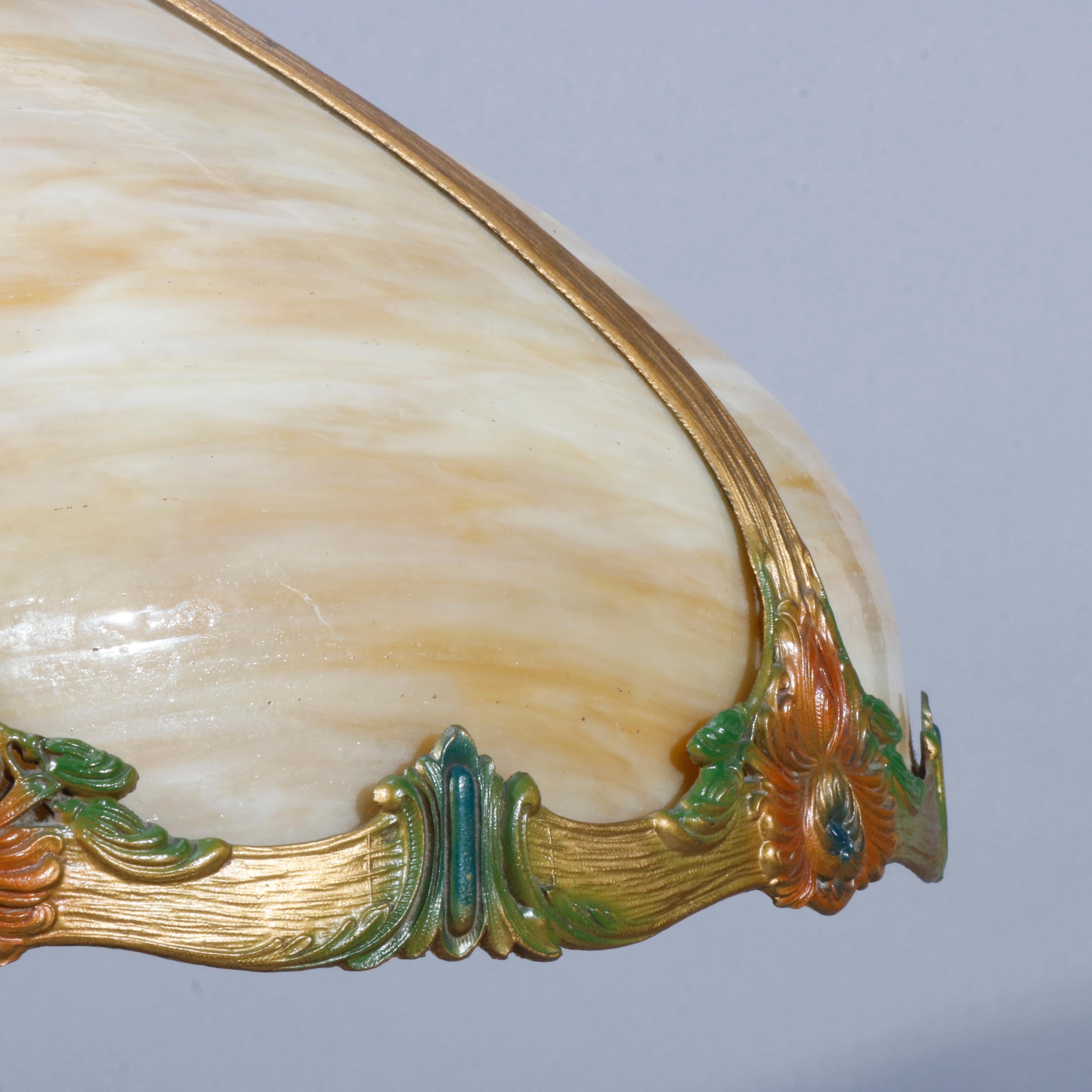 Cast Antique Arts & Crafts Slag Glass Curved Panel & Polychromed Table Lamp