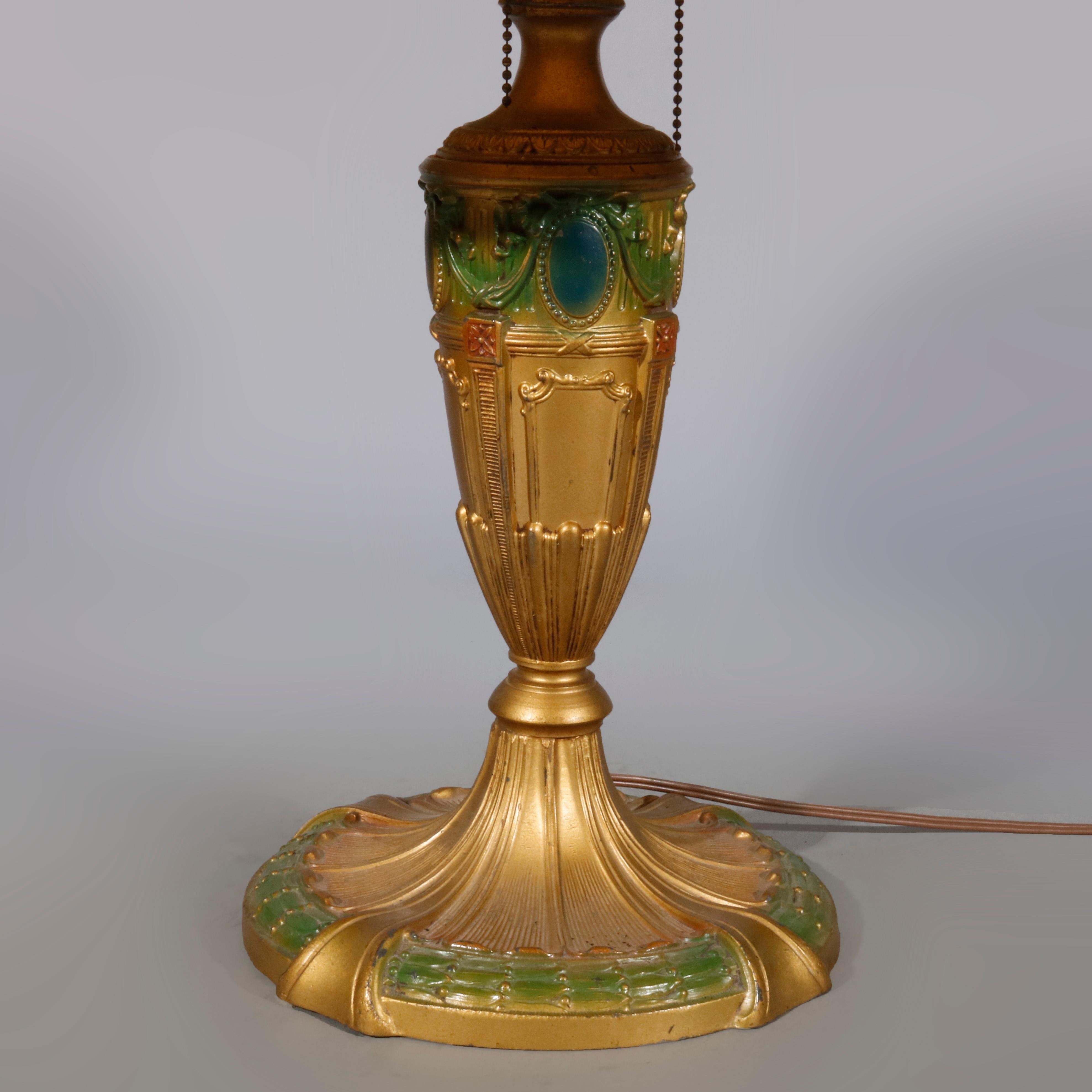 20th Century Antique Arts & Crafts Slag Glass Curved Panel & Polychromed Table Lamp