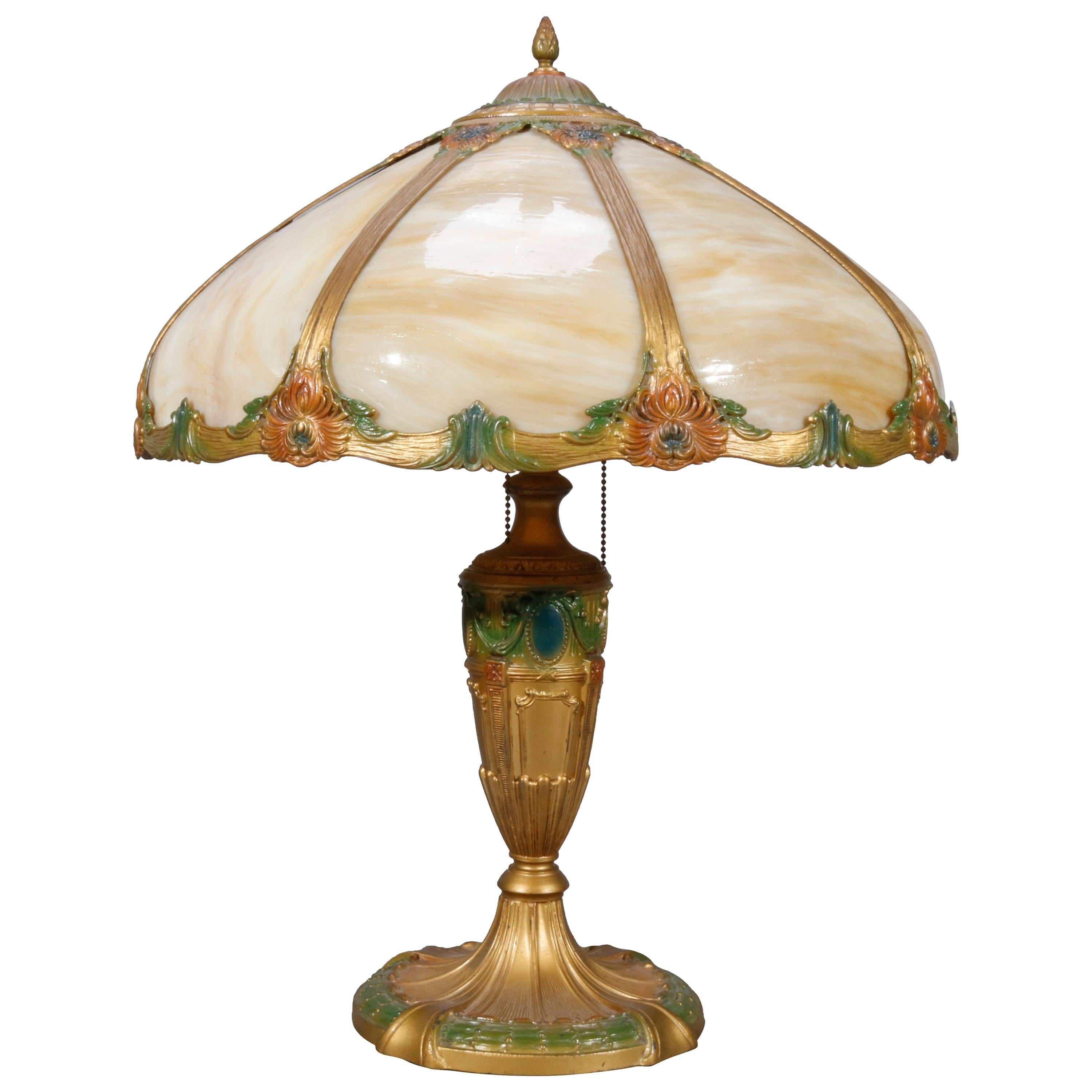 Antique Arts & Crafts Slag Glass Curved Panel & Polychromed Table Lamp