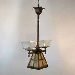 Antique Arts & Crafts Slag Glass Hanging Three Light Fixture, Circa 1910