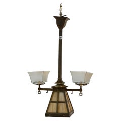 Antique Arts & Crafts Slag Glass Hanging Three Light Fixture, Circa 1910