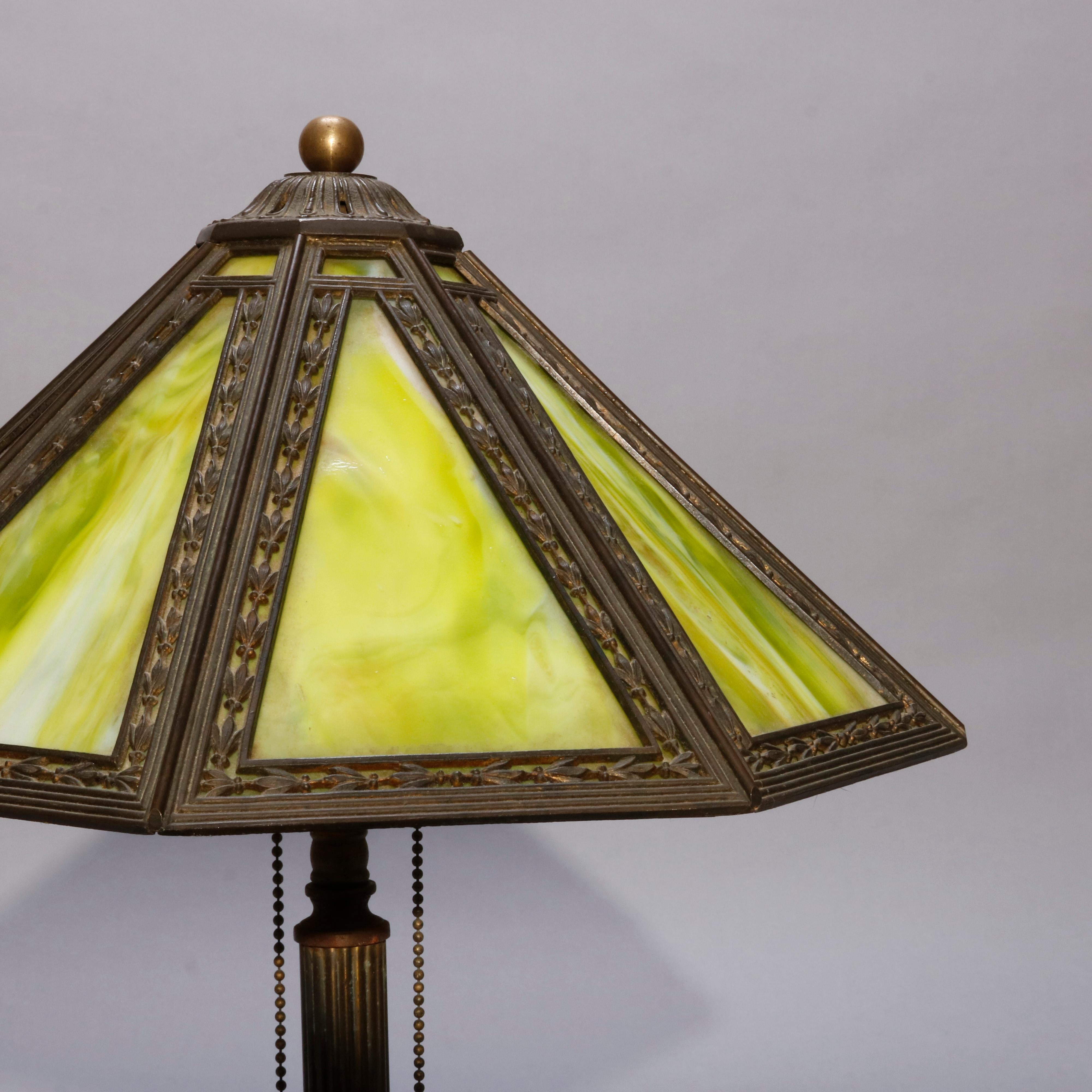 American Antique Arts & Crafts Slag Glass Lamp by Bradley & Hubbard, C1920