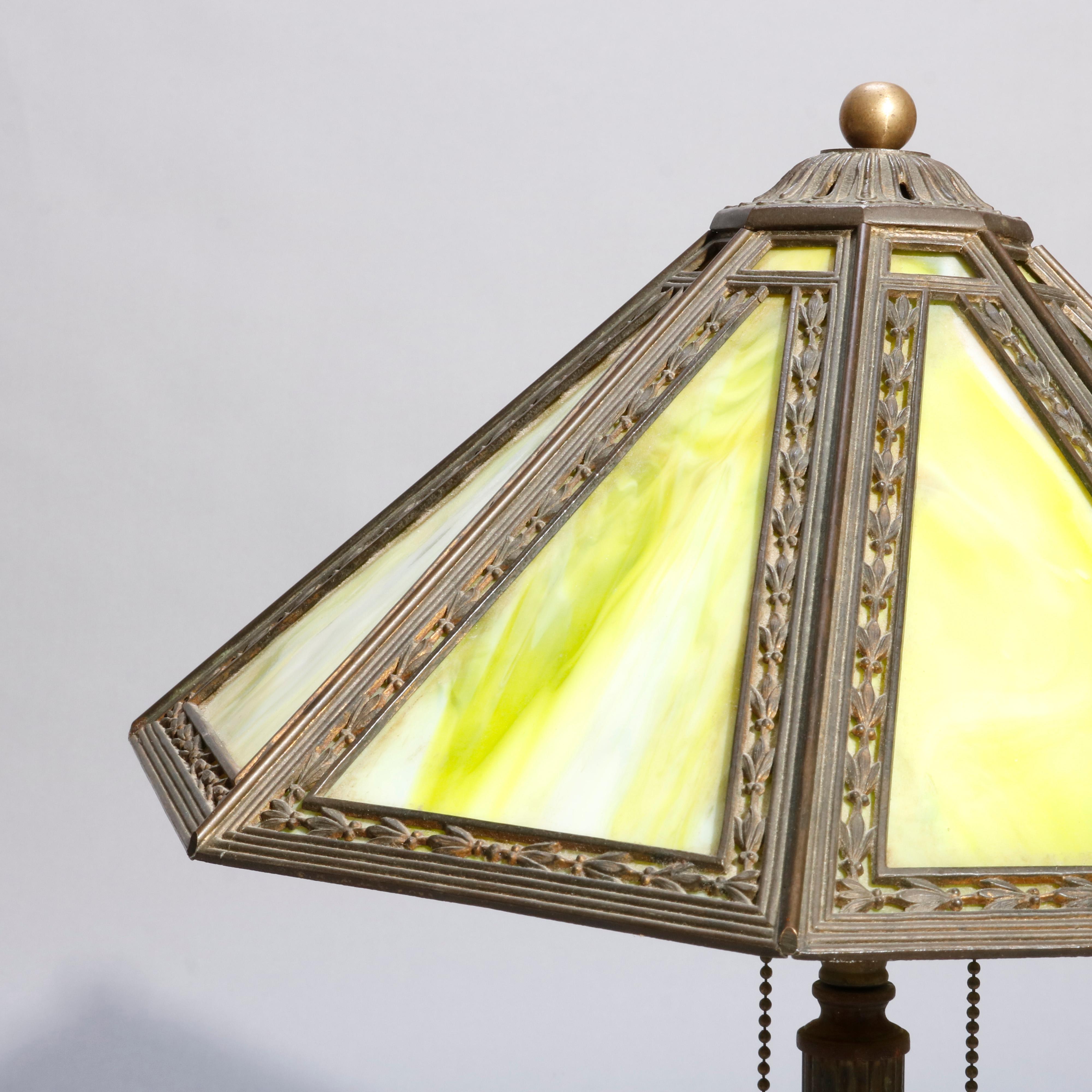 Antique Arts & Crafts Slag Glass Lamp by Bradley & Hubbard, C1920 In Good Condition In Big Flats, NY
