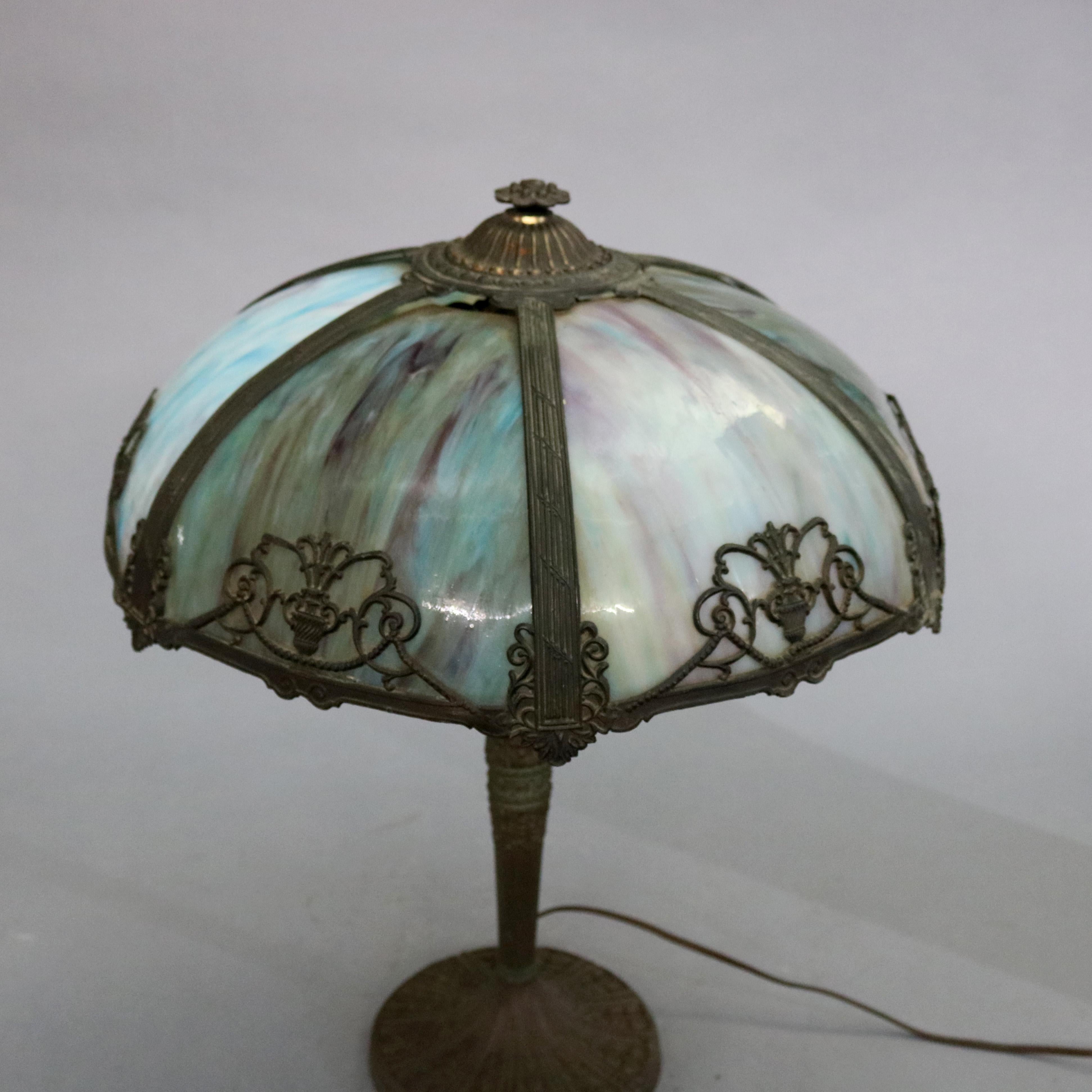 Cast Antique Arts & Crafts Slag Glass Table Lamp, Bradley & Hubbard School