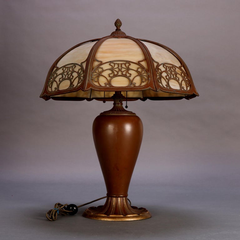 Antique Arts and Crafts Slag Glass Table Lamp by Bradley Hubbard, circa