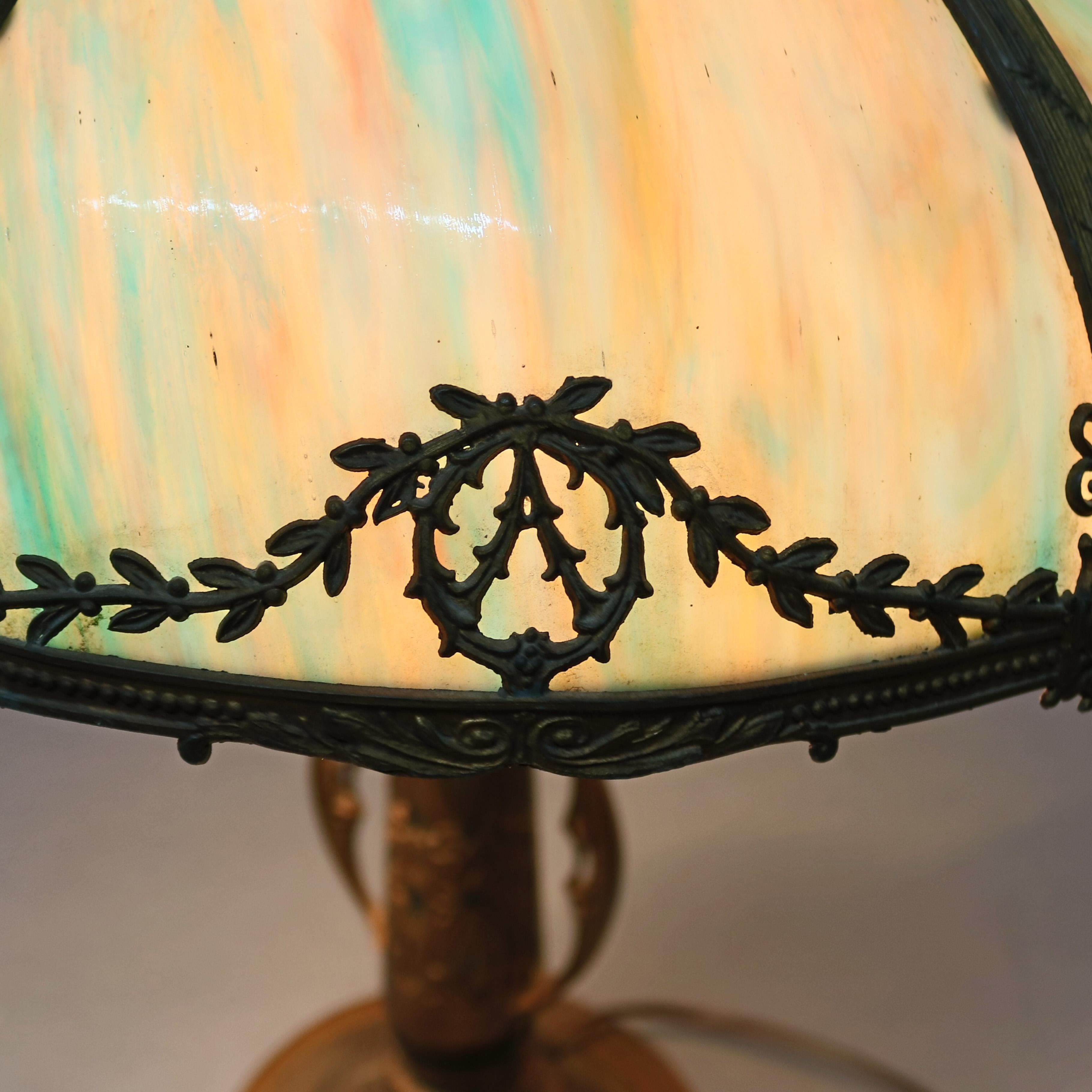 American Antique Arts & Crafts Slag Glass Table Lamp by Bradley & Hubbard, c1920