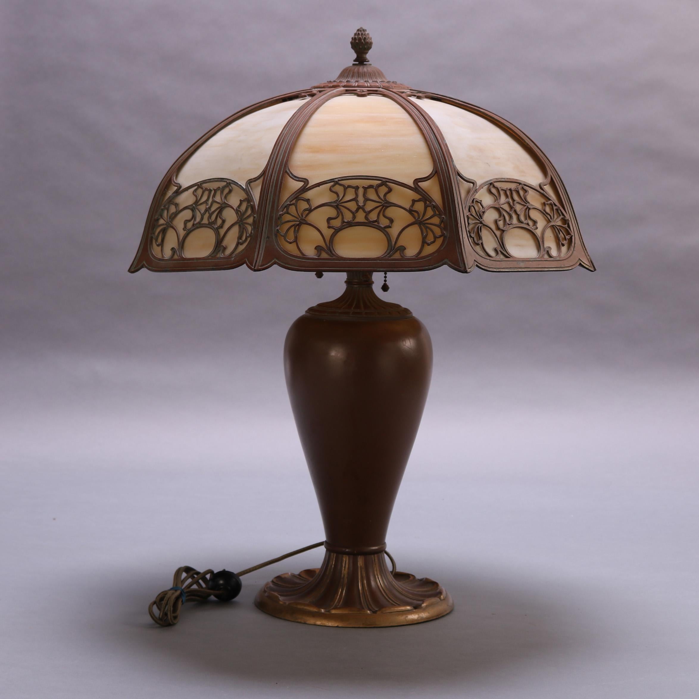 Antique Arts & Crafts Slag Glass Table Lamp by Bradley Hubbard, circa 1920 In Good Condition In Big Flats, NY