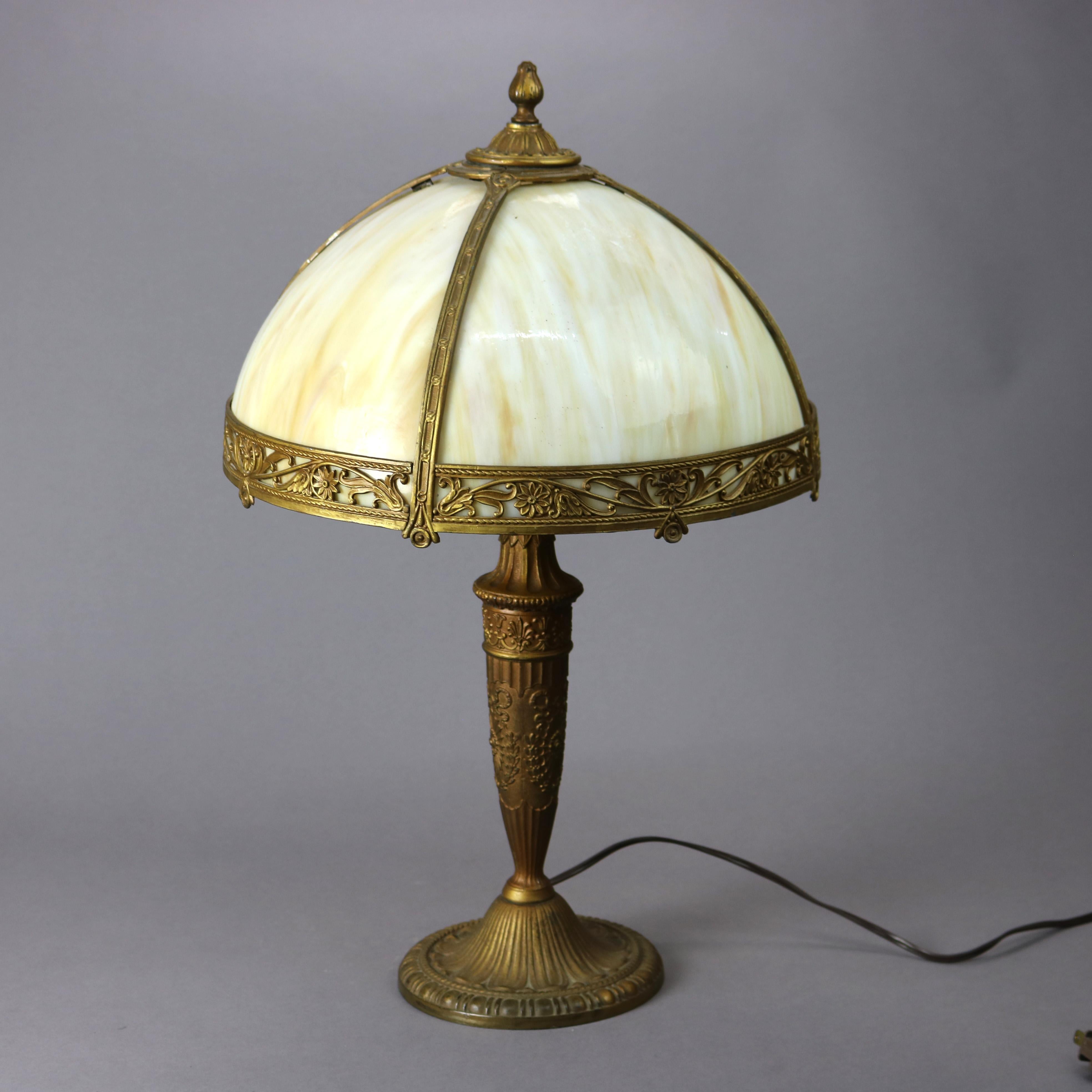 Antique Arts & Crafts Slag Glass Table Lamp, circa 1920 3