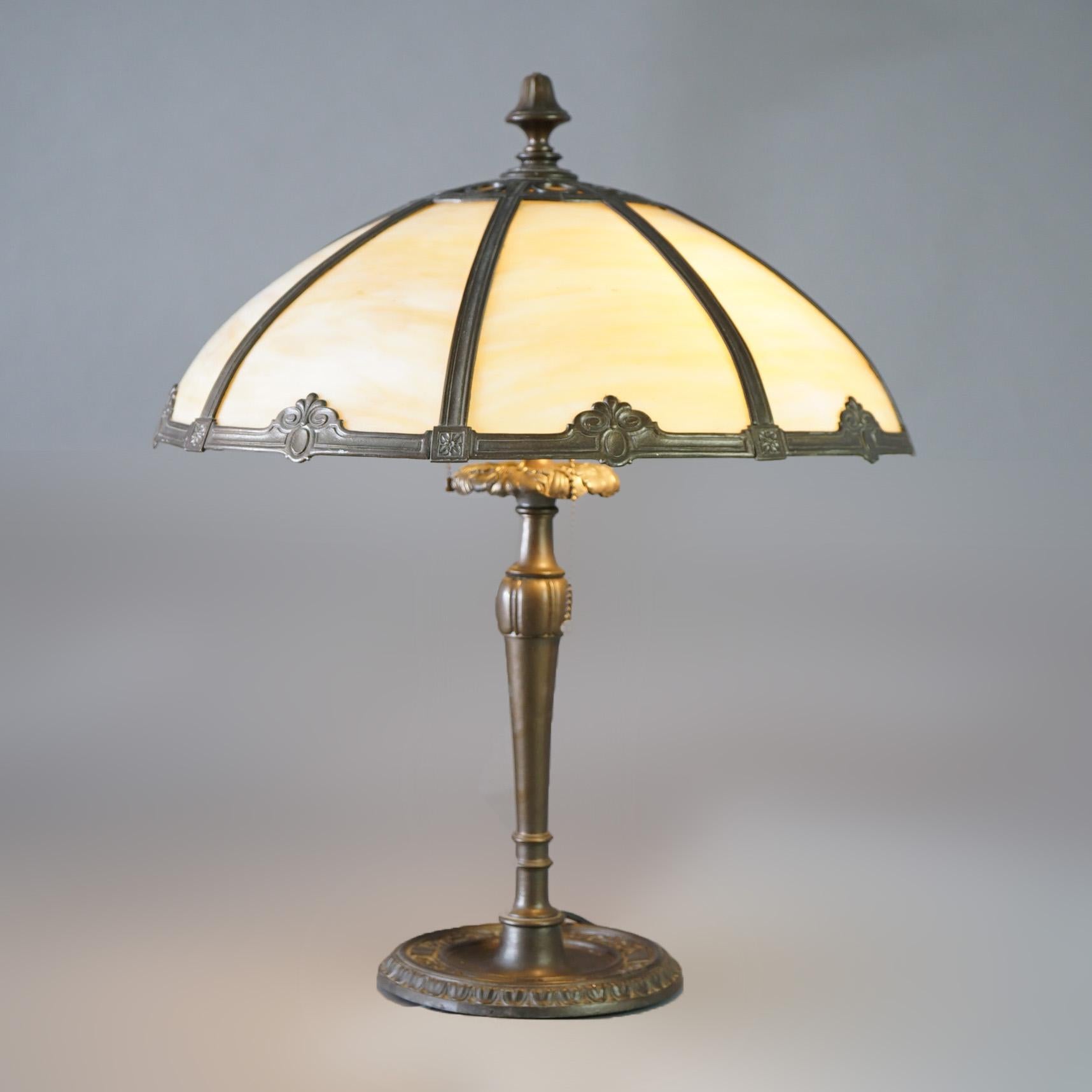 Cast Antique Arts & Crafts Slag Glass Table Lamp Circa 1920 For Sale