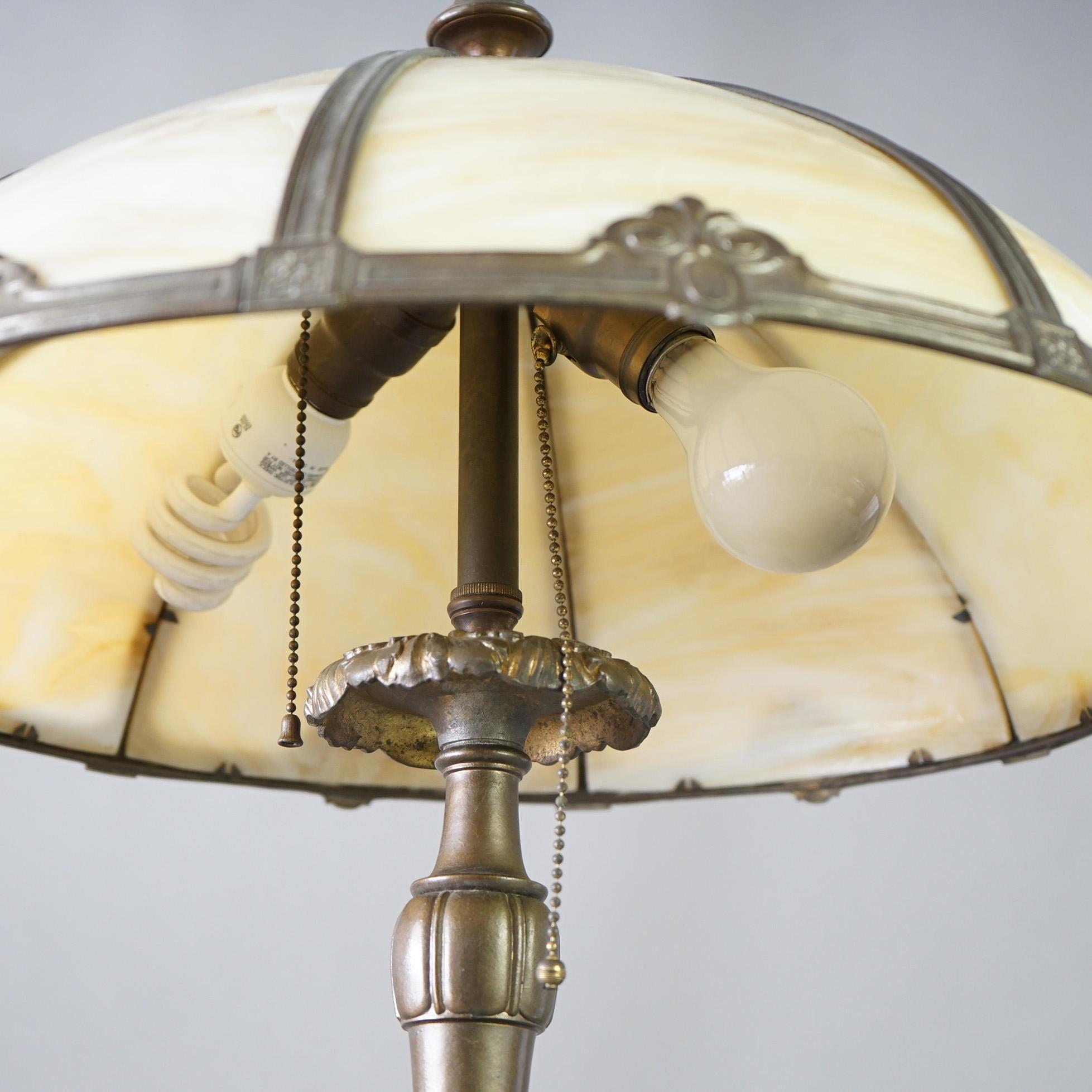 Cast Antique Arts & Crafts Slag Glass Table Lamp Circa 1920