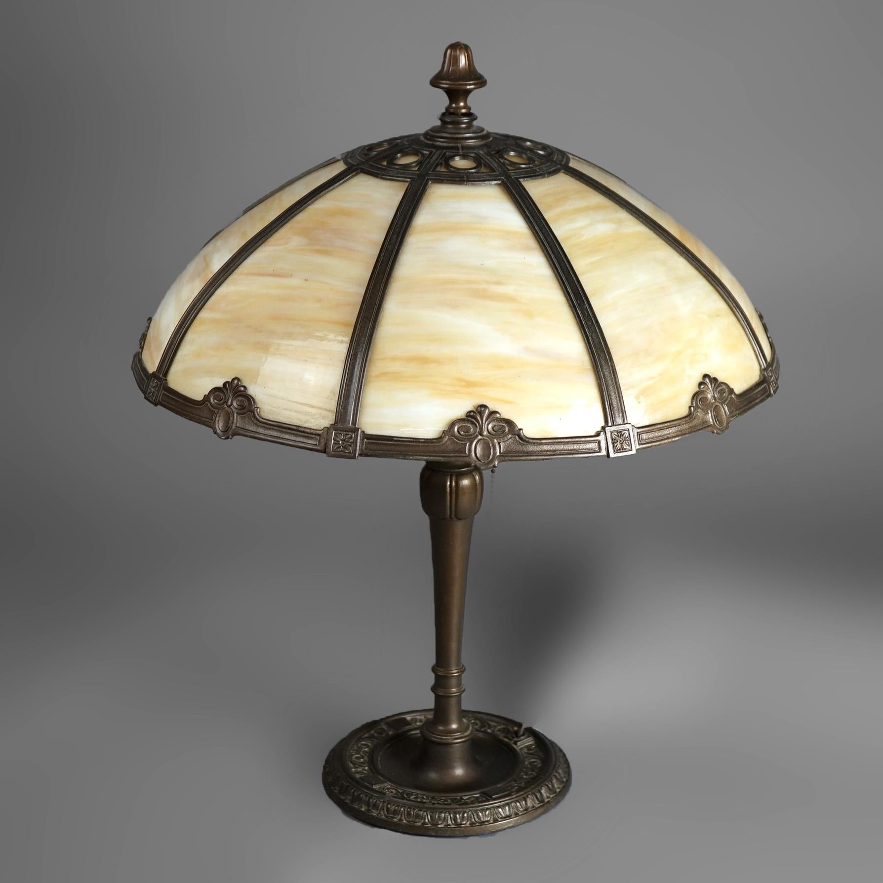 20th Century Antique Arts & Crafts Slag Glass Table Lamp Circa 1920 For Sale