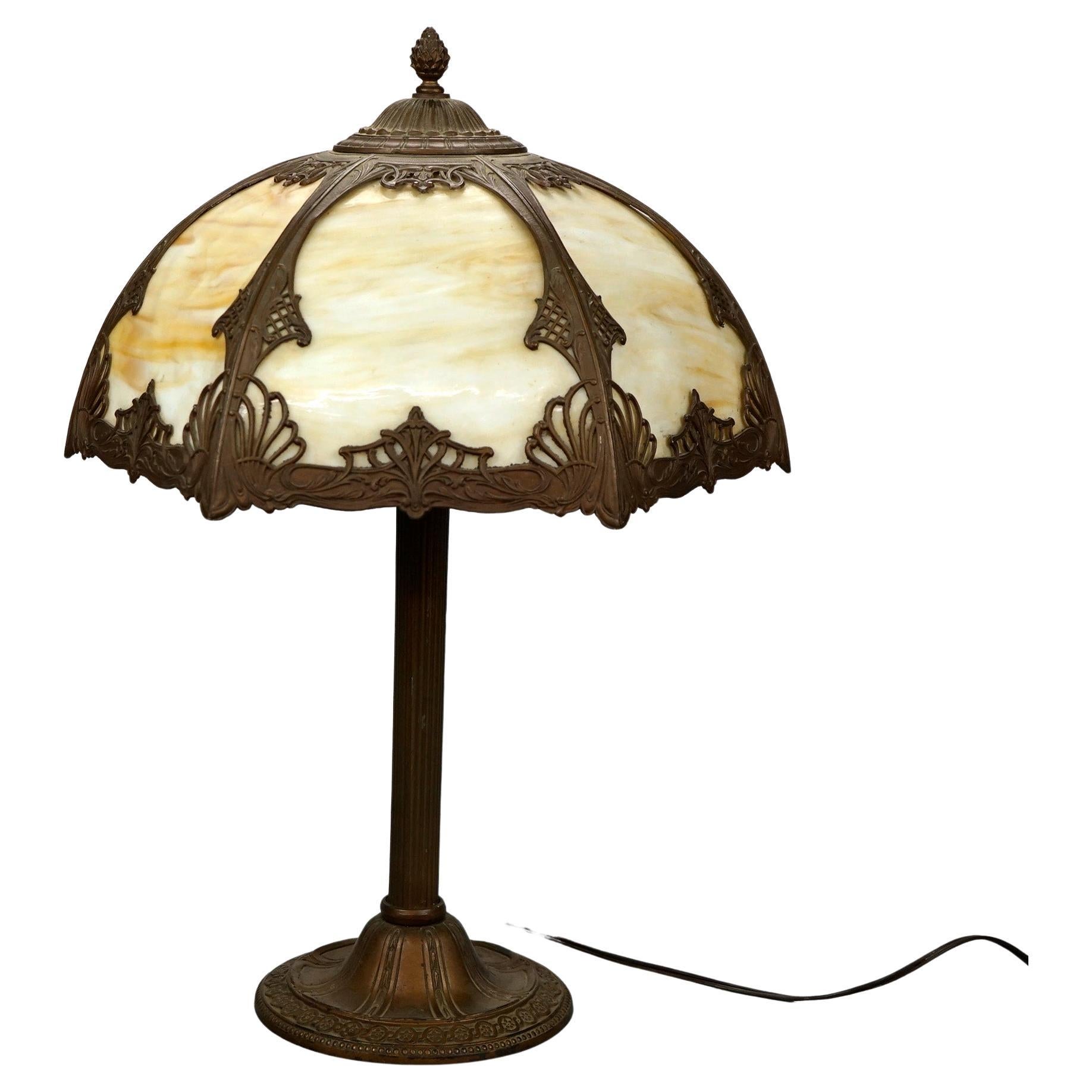 Antique Arts & Crafts Slag Glass Table Lamp, Circa 1920