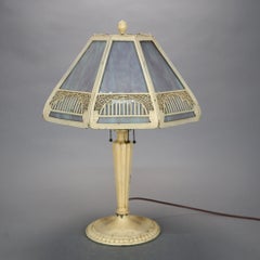 Antique Arts & Crafts Slag Glass Table Lamp with Filigree Panel Shade, C 1920