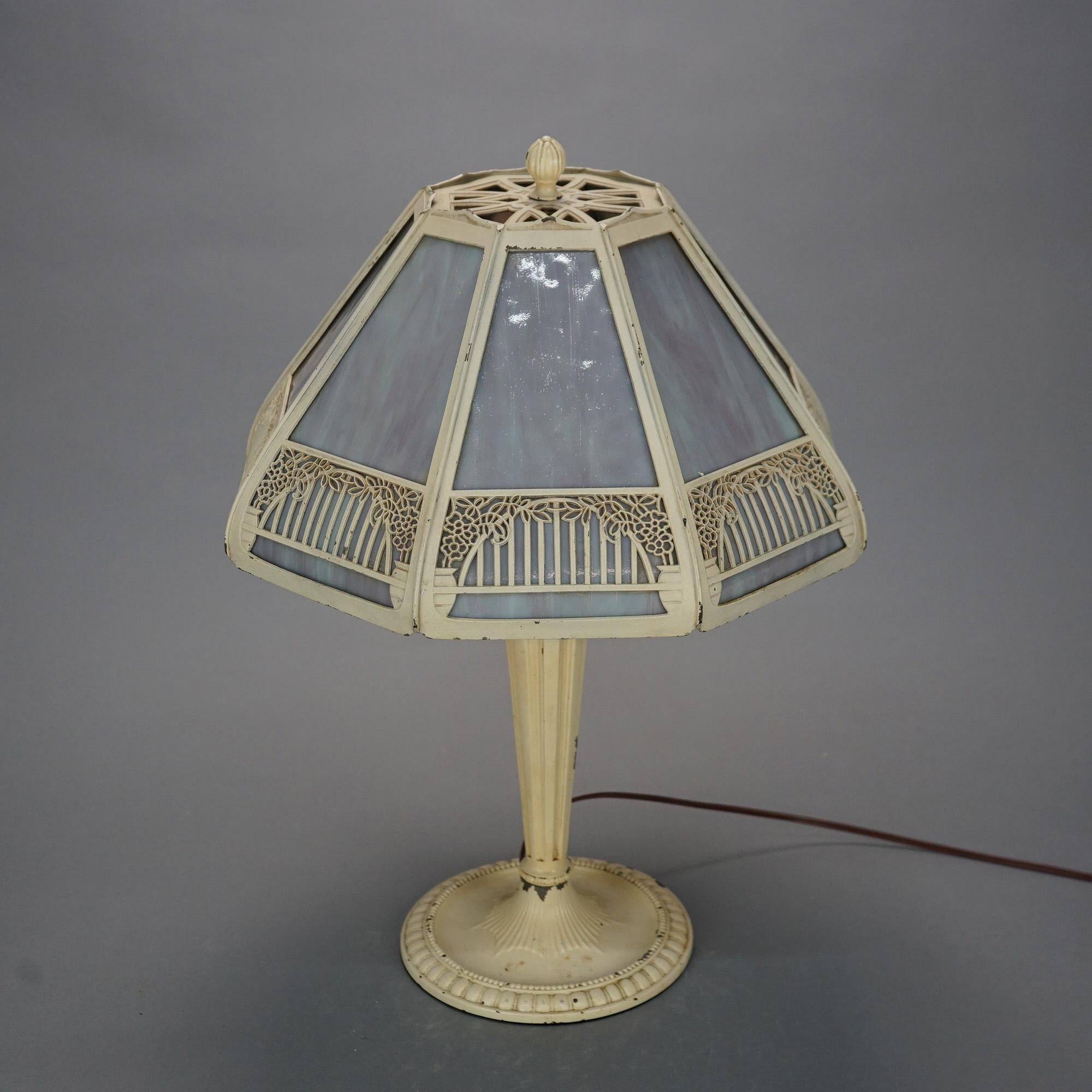 Arts and Crafts Antique Arts & Crafts Slag Glass Table Lamp with Filigree Panel Shade, C 1920
