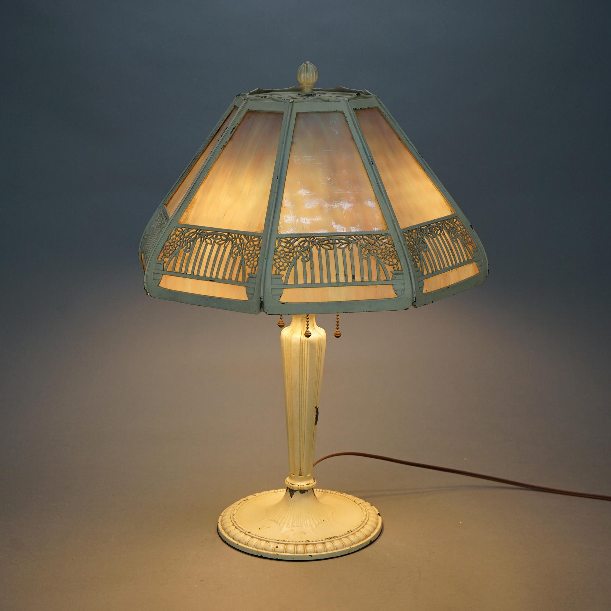 American Antique Arts & Crafts Slag Glass Table Lamp with Filigree Panel Shade, C 1920