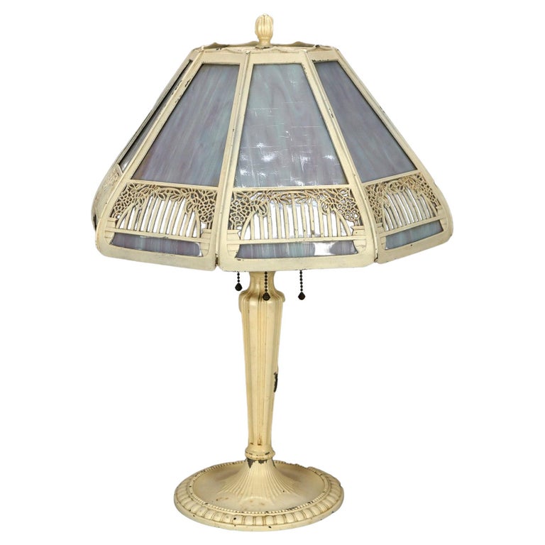 Antique Arts and Crafts Slag Glass Table Lamp with Filigree Panel Shade