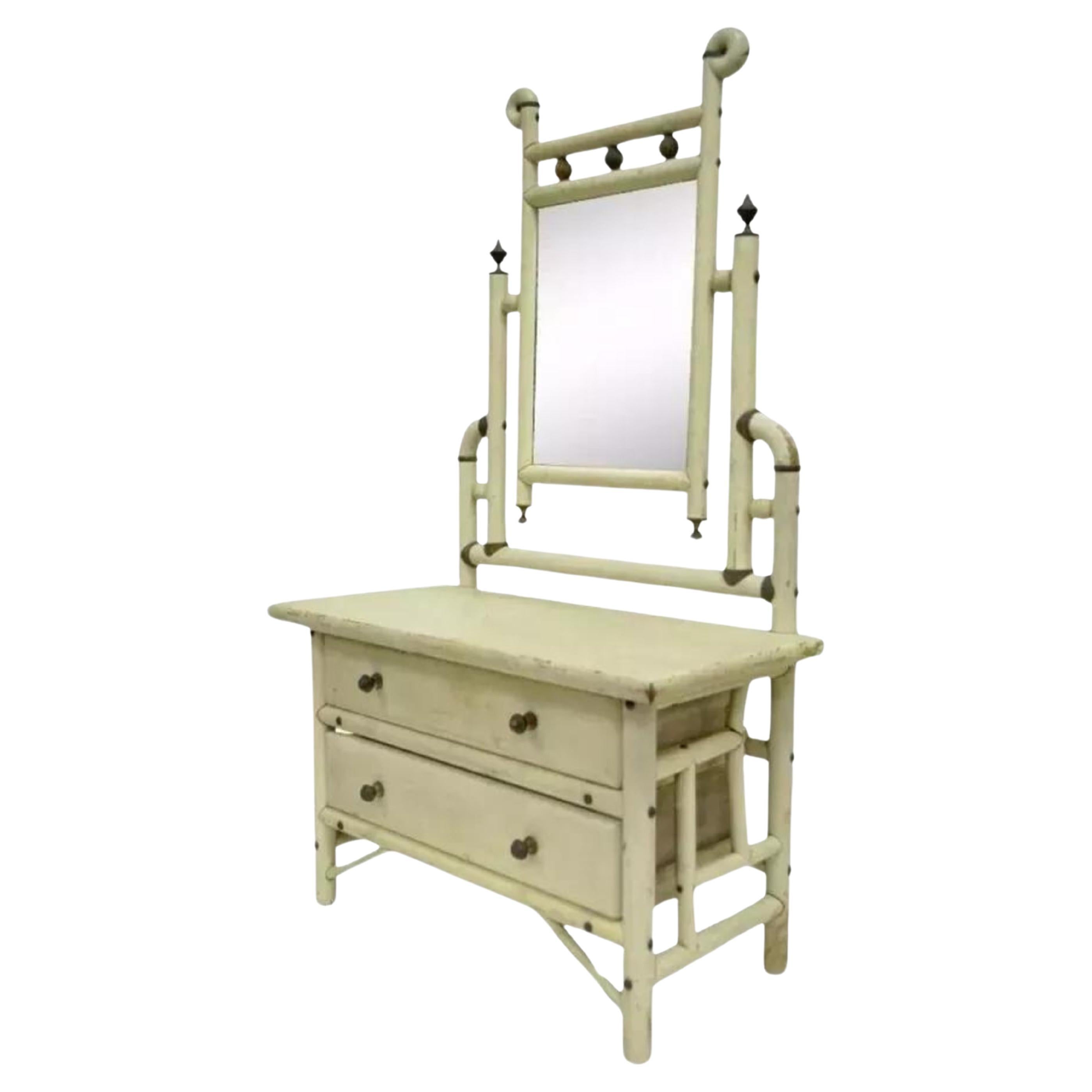 Antique Arts & Crafts Small Salesman Sample White Bentwood Dresser & Mirror For Sale