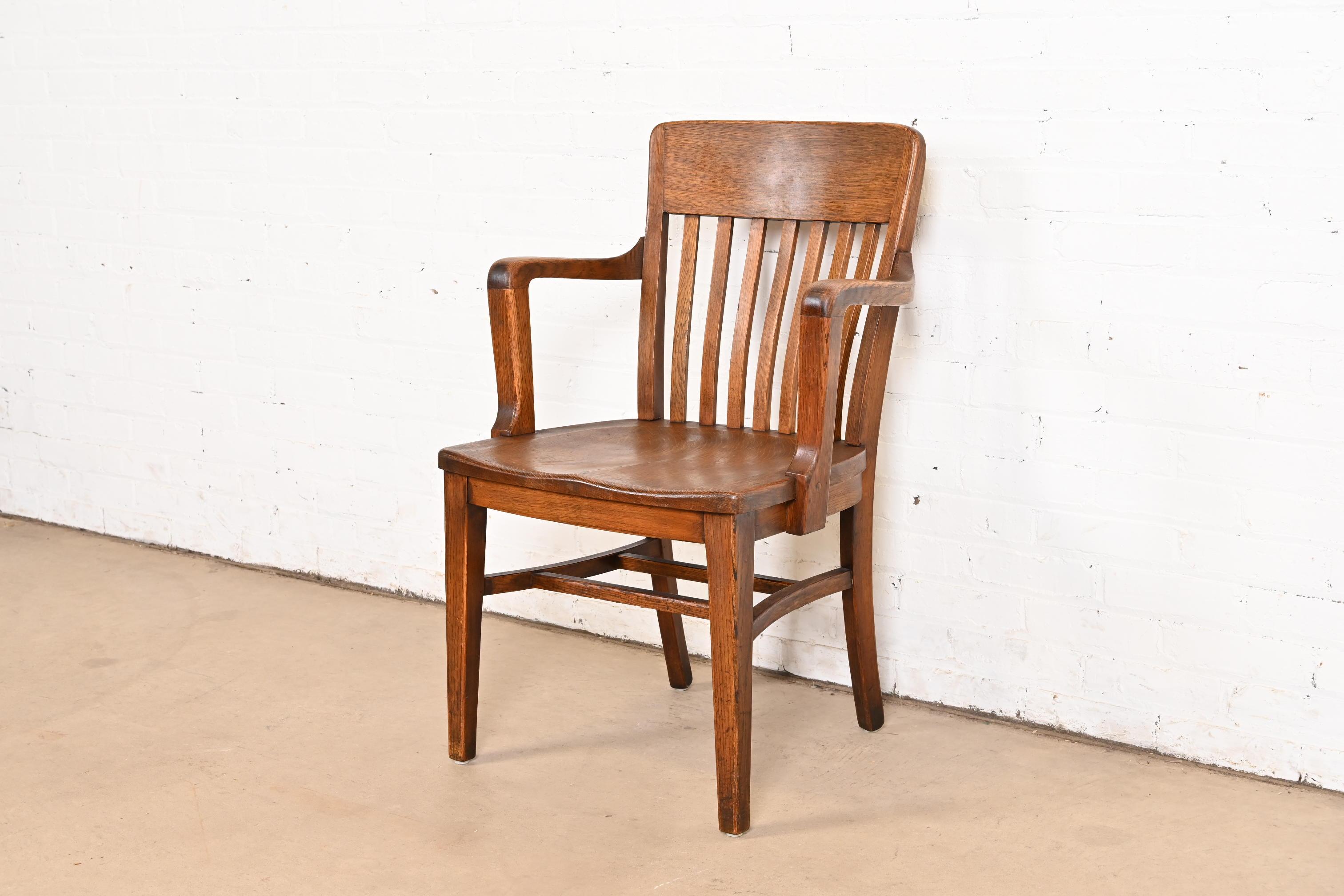 Antique Arts & Crafts Solid Oak Banker's Chairs, Pair For Sale 4