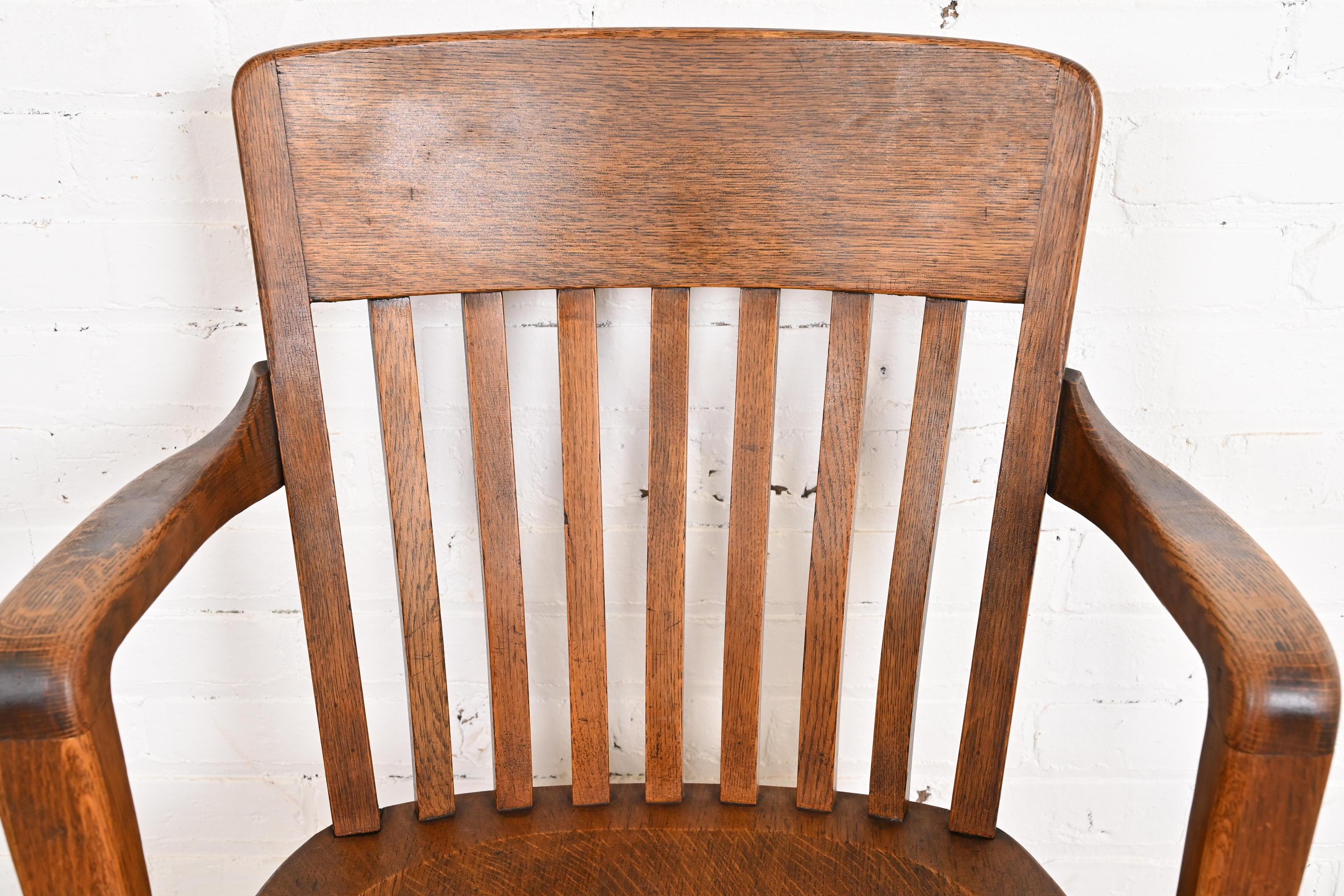 Antique Arts & Crafts Solid Oak Banker's Chairs, Pair For Sale 5