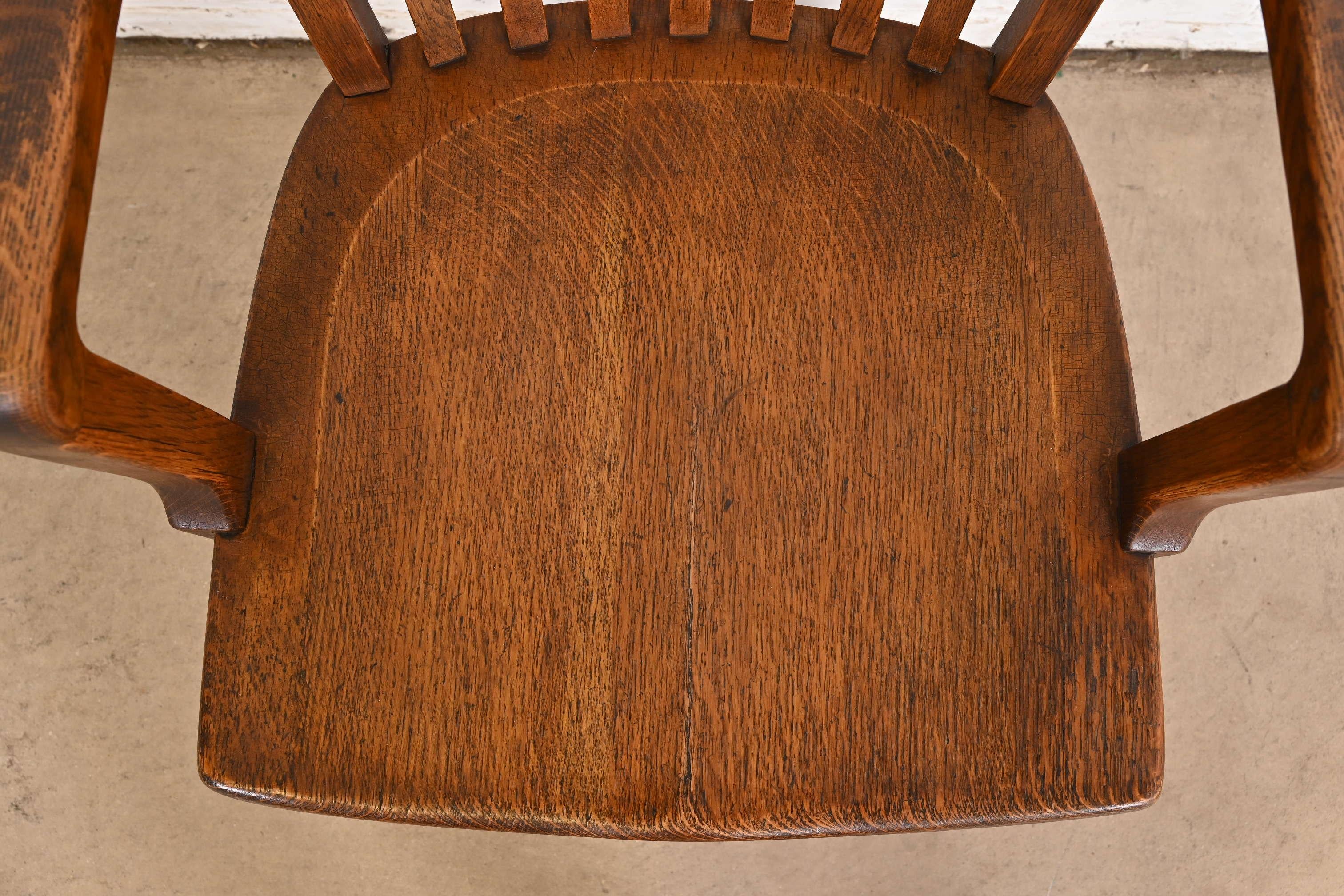 Antique Arts & Crafts Solid Oak Banker's Chairs, Pair For Sale 6