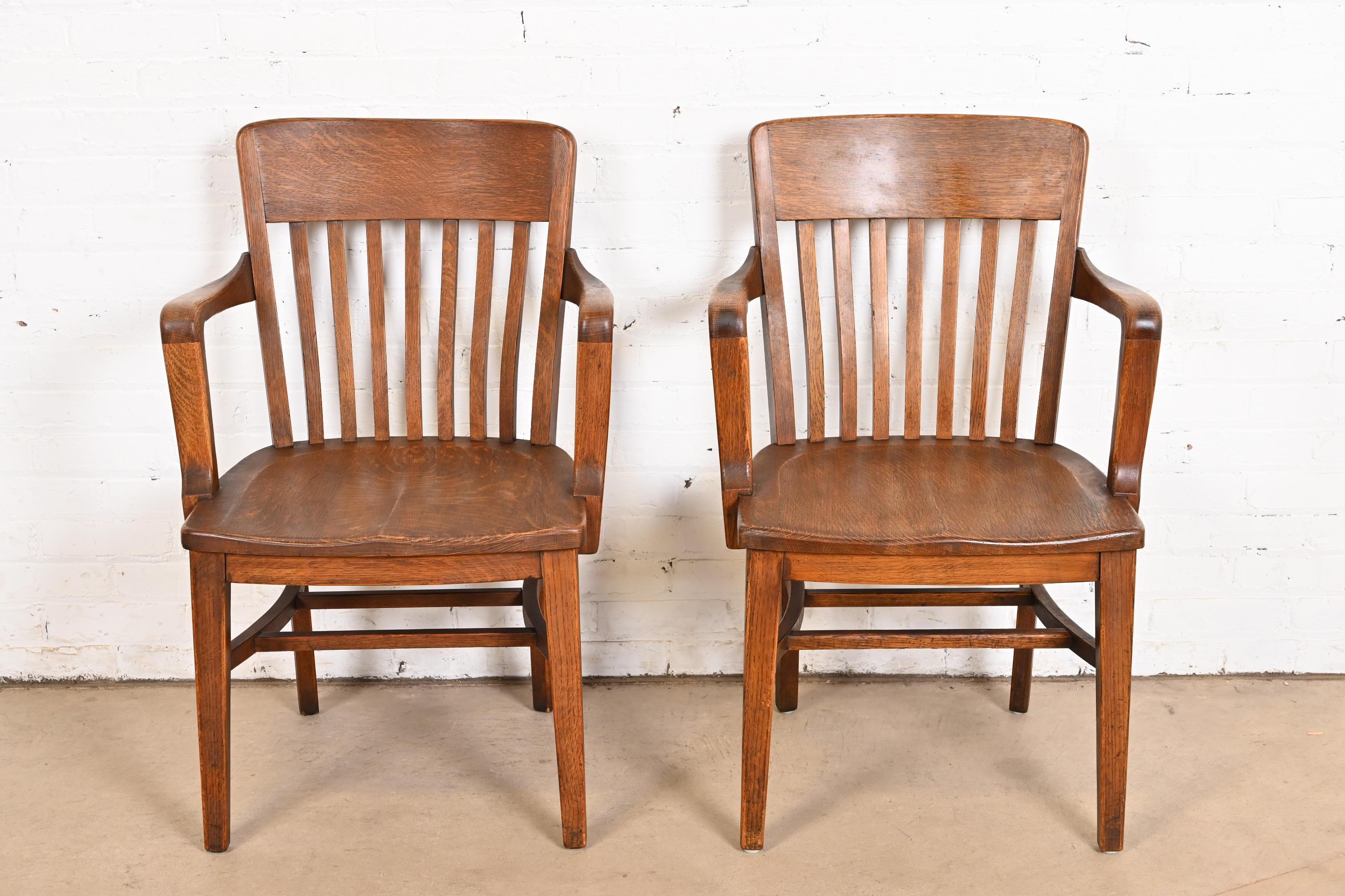 Arts and Crafts Antique Arts & Crafts Solid Oak Banker's Chairs, Pair For Sale