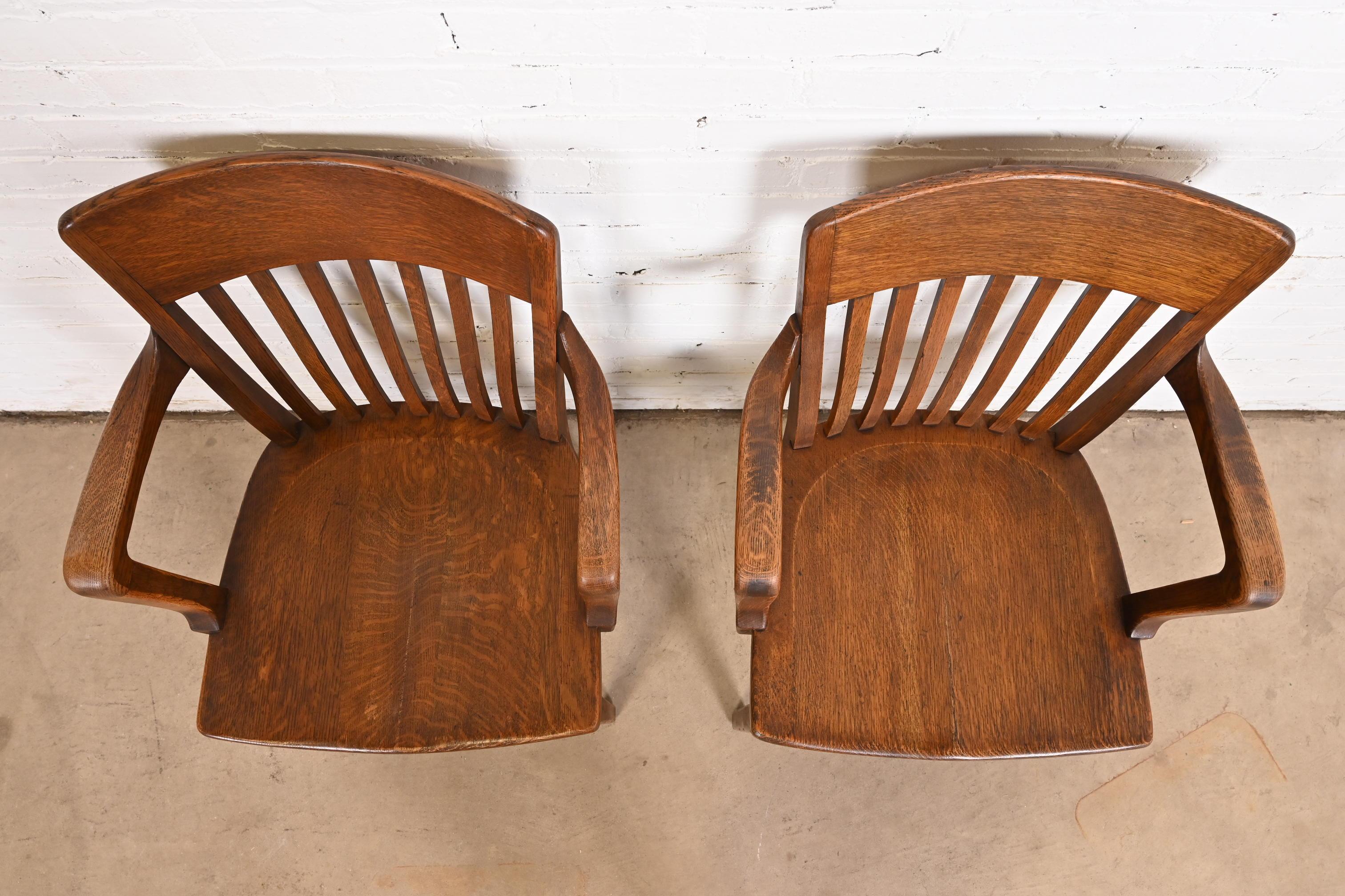 Antique Arts & Crafts Solid Oak Banker's Chairs, Pair For Sale 1