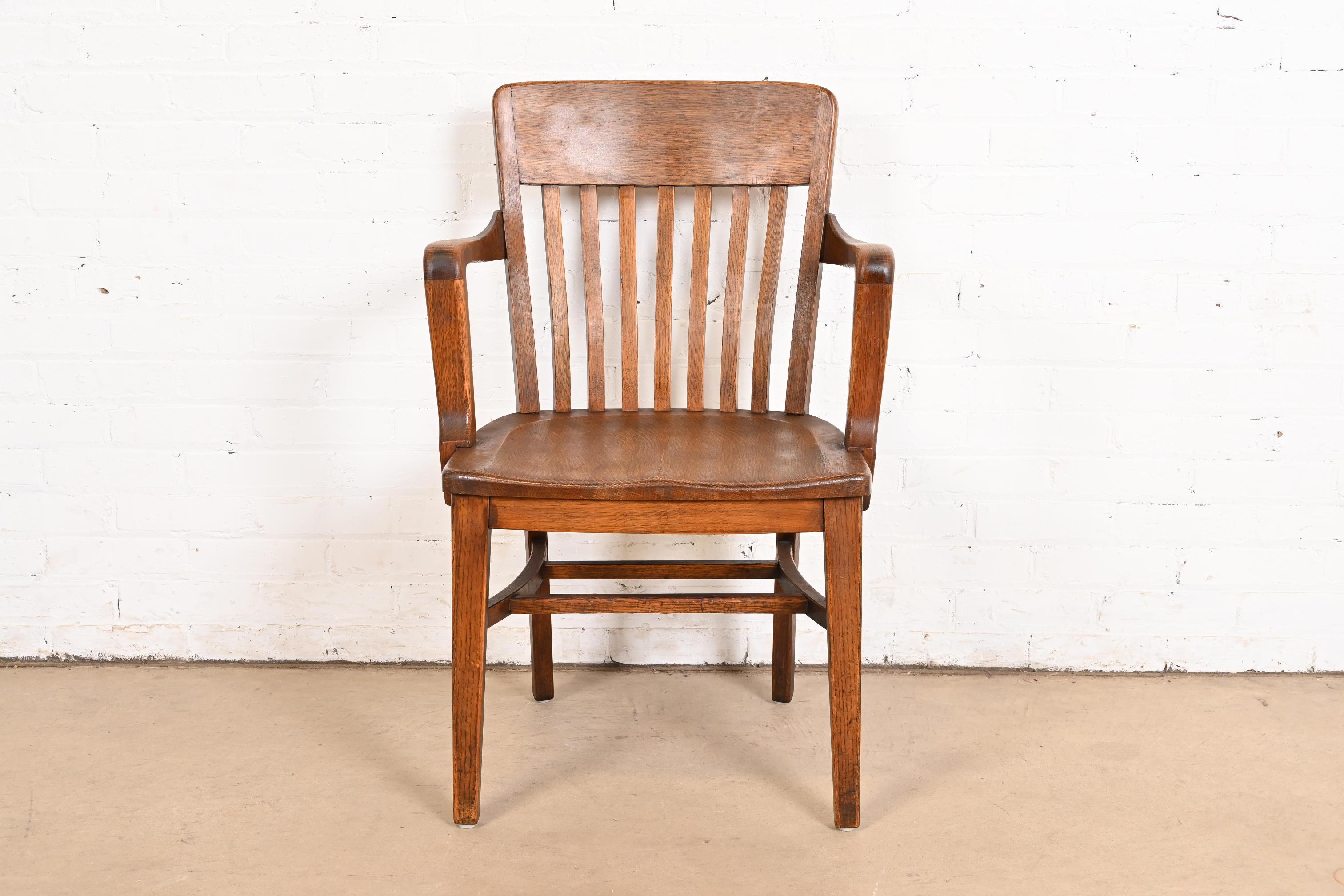 Antique Arts & Crafts Solid Oak Banker's Chairs, Pair For Sale 3