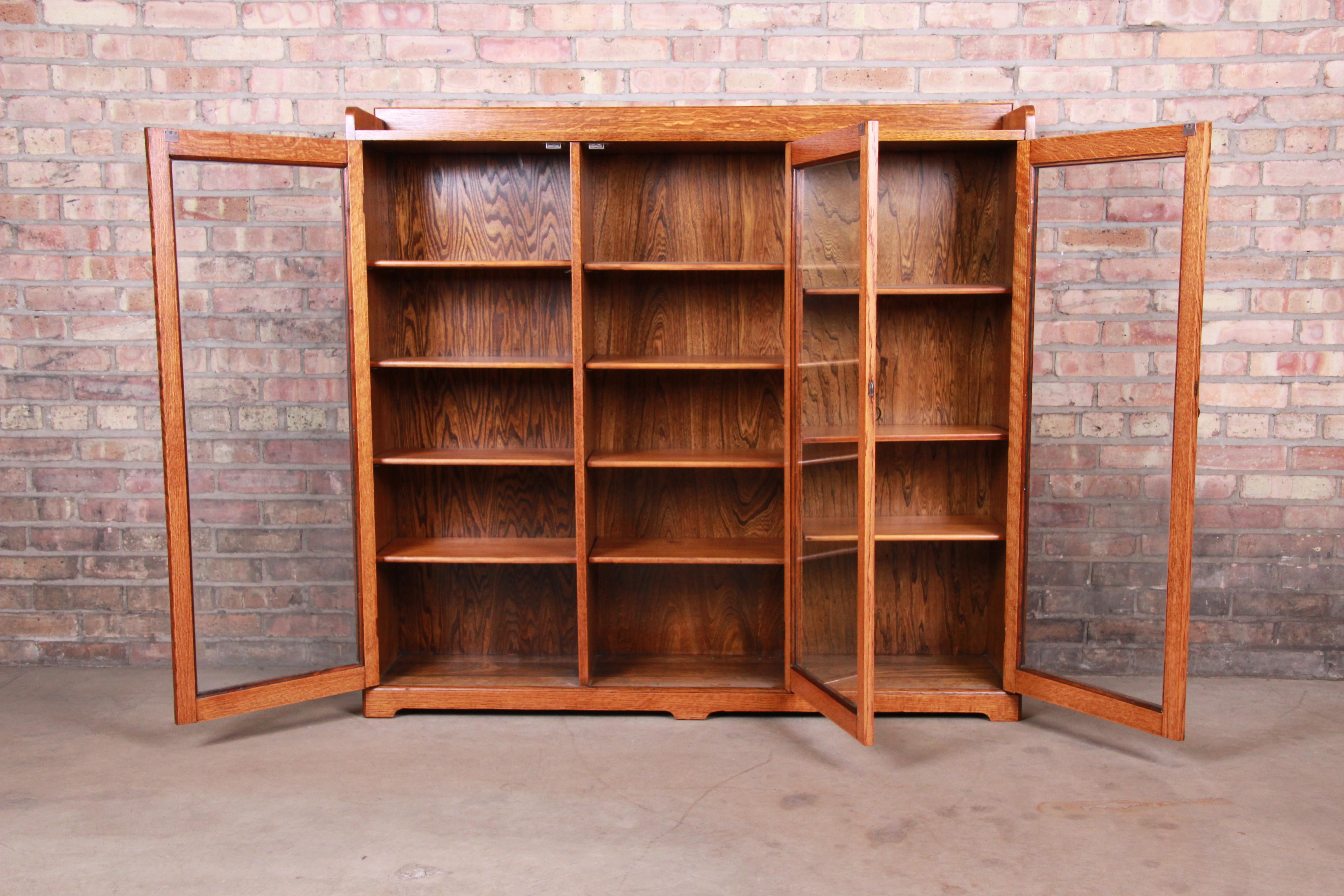 Arts and Crafts Antique Arts & Crafts Solid Oak Glass Front Triple Bookcase, circa 1900