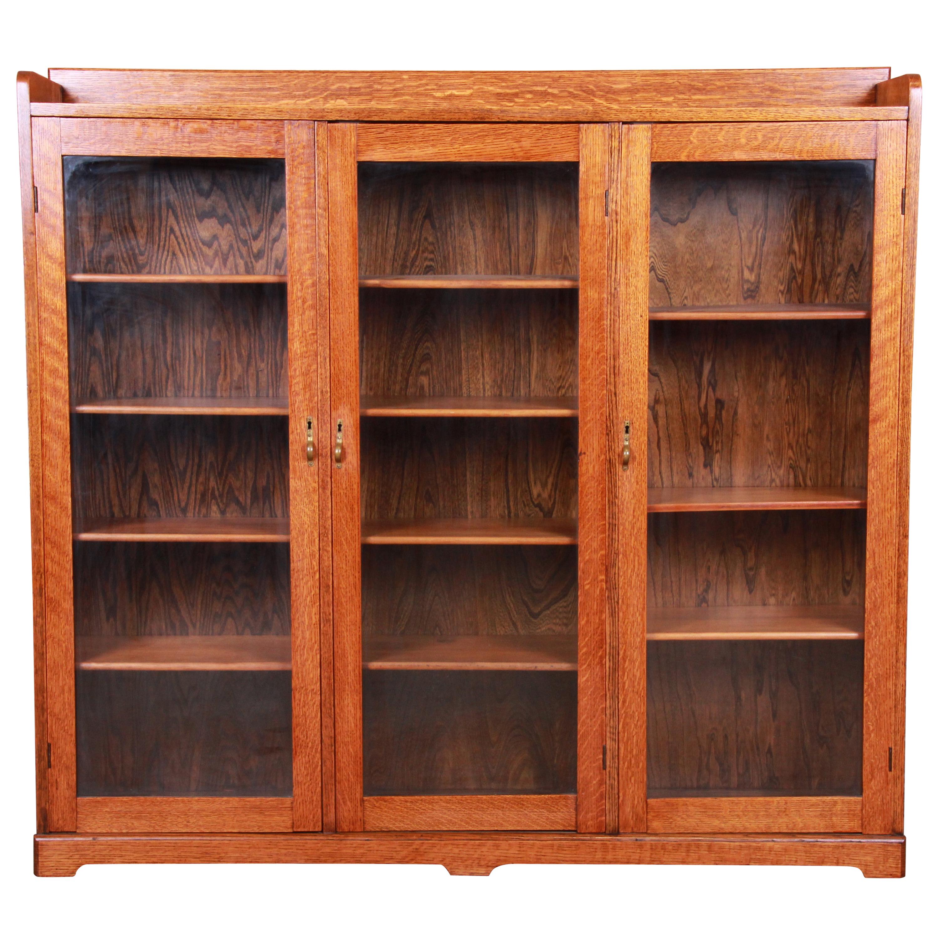 Antique Arts & Crafts Solid Oak Glass Front Triple Bookcase, circa 1900