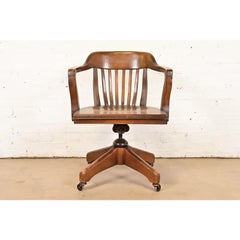 Antique Arts & Crafts Solid Walnut Executive Swivel Desk Chair, Circa 1940s